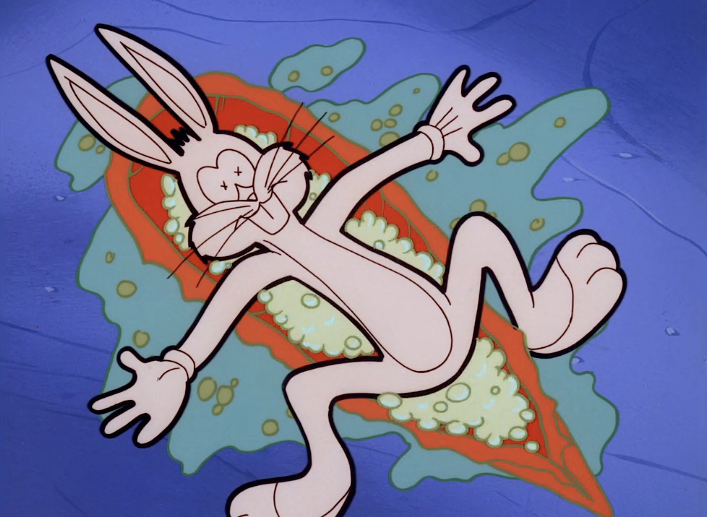 A colorless, simplistic outline of Bugs Bunny with X’s for eyes sprawls on his back, born out of a frothy mess in a carrot-shaped pod, in a parody of the pod people in Invasion of the Body Snatchers. From the Looney Tunes short “Invasion of the Bunny Snatchers.”