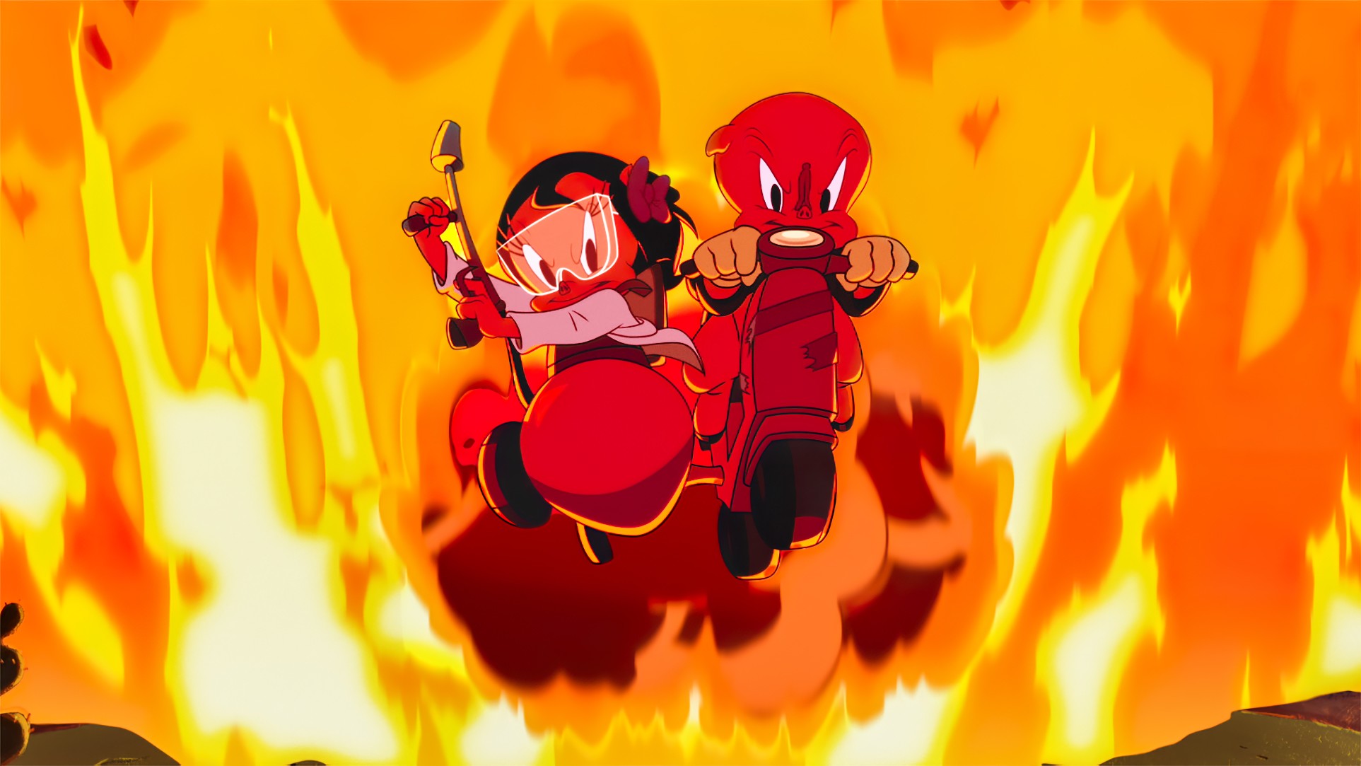 Petunia and Porky Pig smile evilly as they leap a scooter and sidecar through a roaring wall of flames in The Day the Earth Blew Up: A Looney Tunes Movie