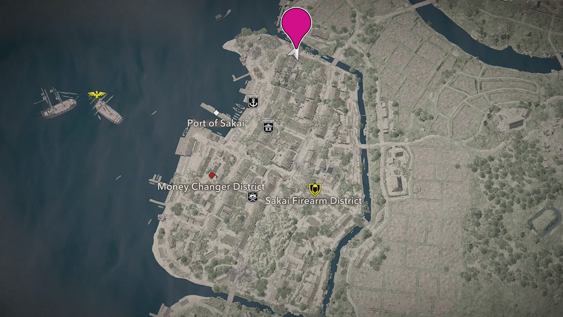 A map shows the location of the tea merchant in The Perfect Gift in AC Shadows A map shows the location of the tea merchant in The Perfect Gift in AC Shadows