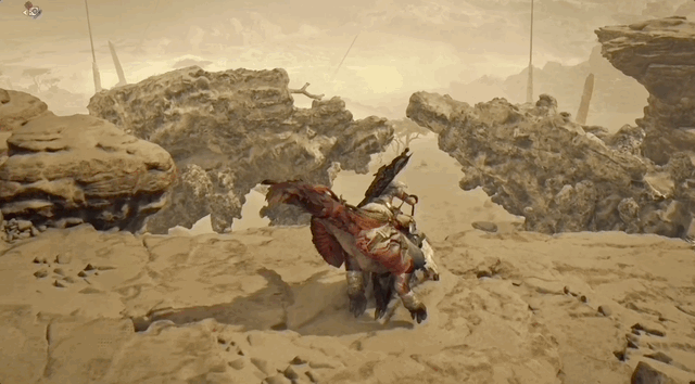 An animated gif from Monster Hunter Wild in which a bird-like raptor leaps off a cliff and falls for a moment before spreading its small wings to guide gently towards the ground An animated gif from Monster Hunter Wild in which a bird-like raptor leaps off a cliff and falls for a moment before spreading its small wings to guide gently towards the ground