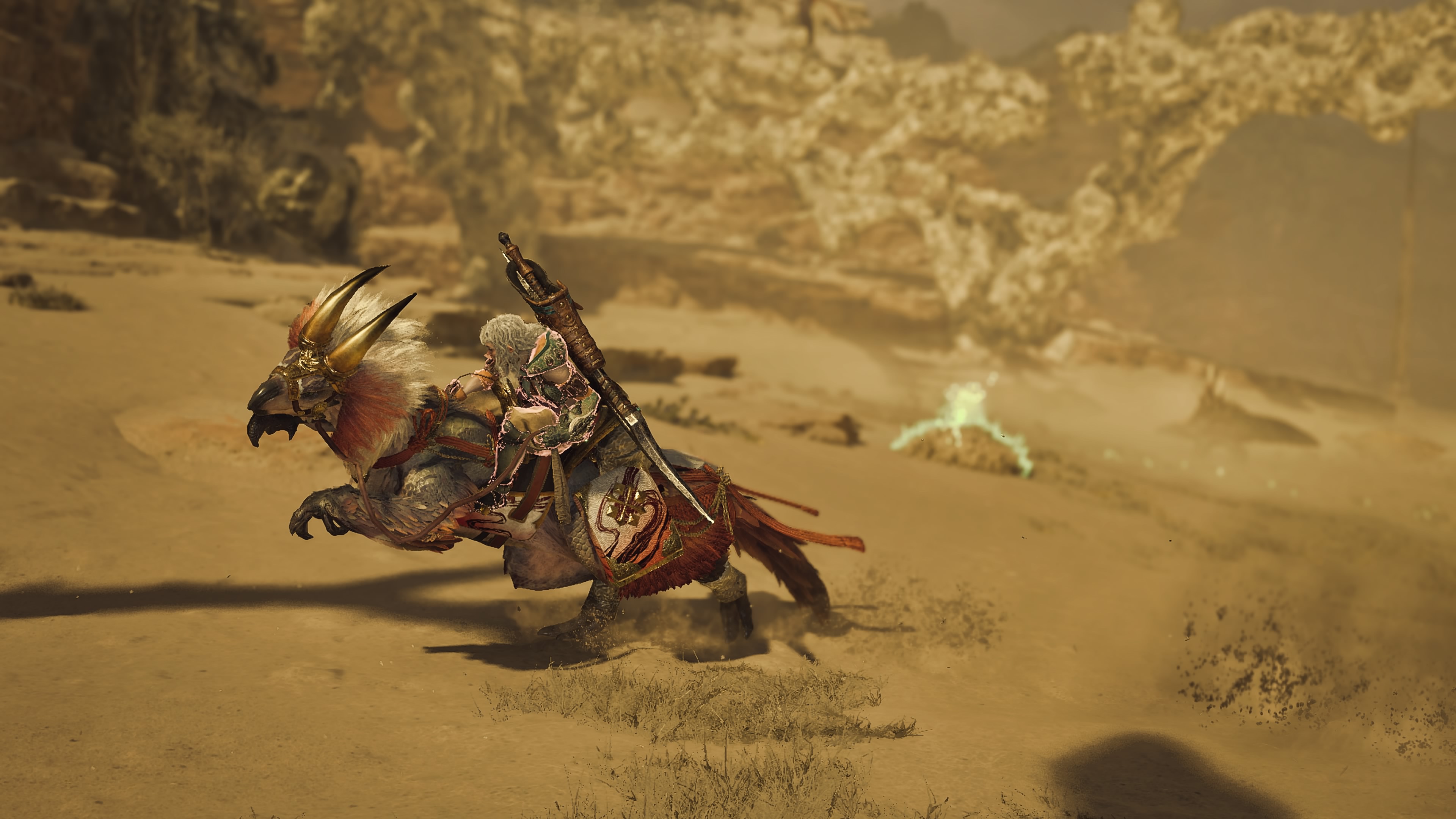 A bird-like dinosaur with a human rider dashes across a dusty plain. A bird-like dinosaur with a human rider dashes across a dusty plain.