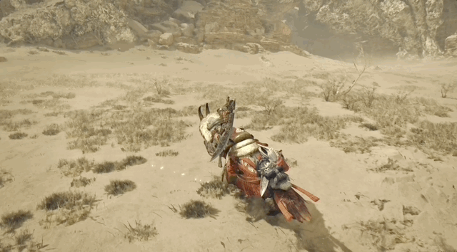 A bird-like raptor with a human mounted on its back scrambles and drifts over a dusty plain before accelerating away A bird-like raptor with a human mounted on its back scrambles and drifts over a dusty plain before accelerating away