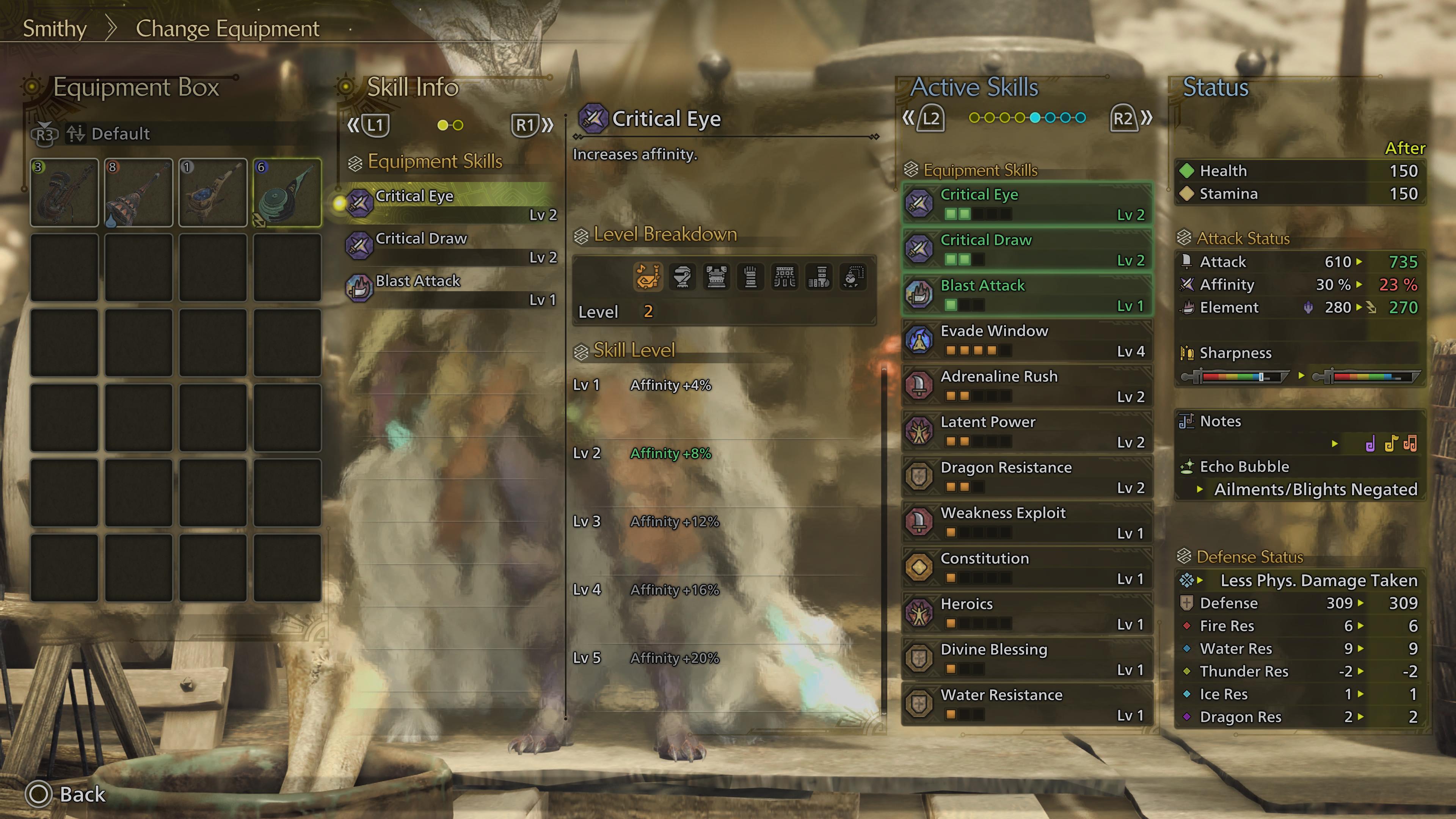 A menu shows Monster Hunter Wilds weapon skills with affinity