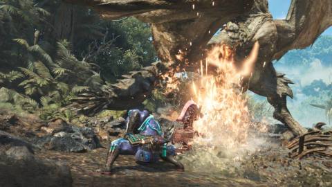 A Monster Hunter Wilds player attacks a giant monster while using a weapon with affinity
