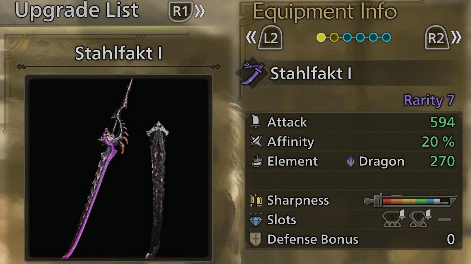 A Monster Hunter Wilds menu shows a weapon with affinity