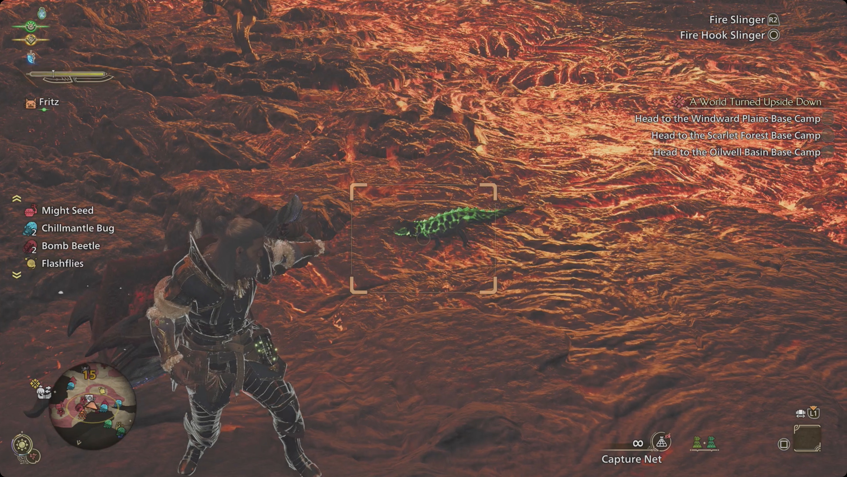 Monster Hunter Wilds capturing an ember rufflizard Monster Hunter Wilds capturing an ember rufflizard