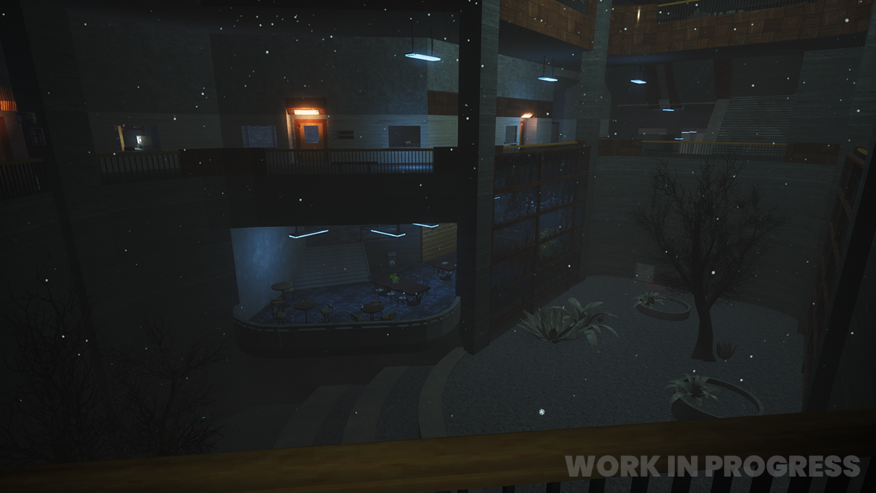 A WIP screenshot of abiotic factor, showing a snowy courtyard area with a leafless tree, situated below a balcony with red doors leading into residences.