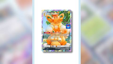 An image of the full art card for Pawmot in Pokemon TCG Pocket. The art shows Pawmot with its little evolutions, Pawmi and Pawmo.