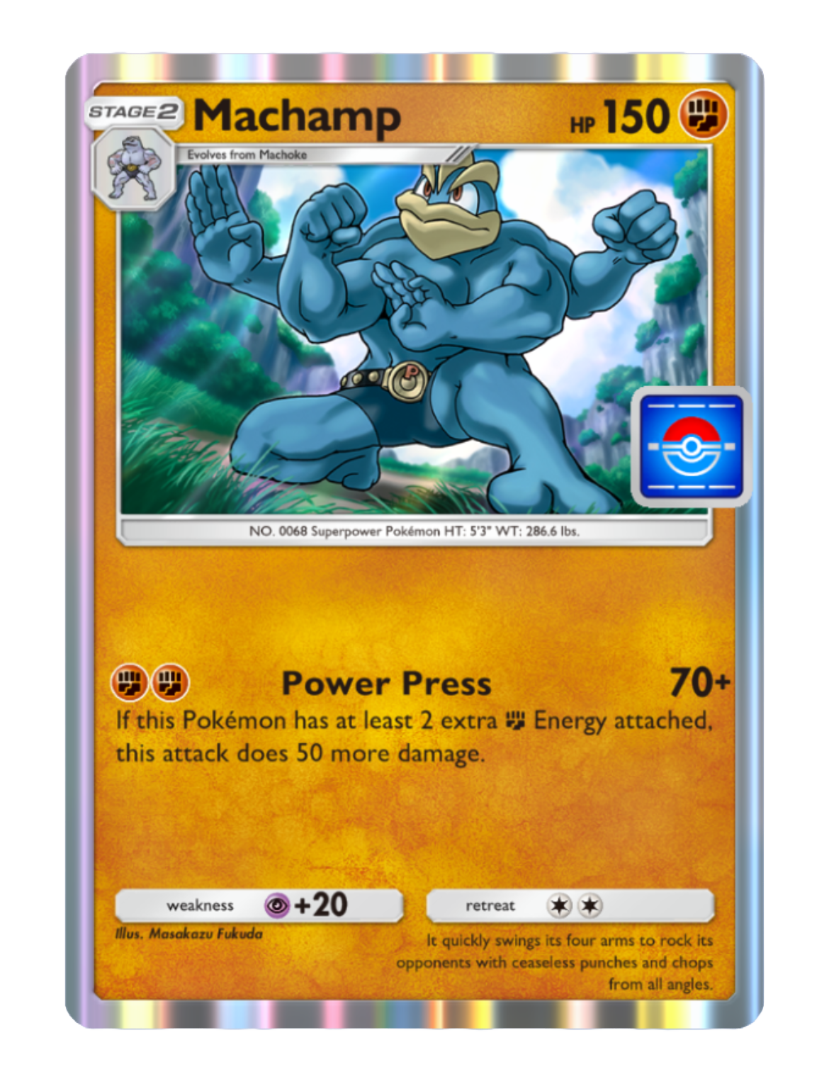 An image of a holographic Mechamp from Pokemon TCG Pocket. An image of a holographic Mechamp from Pokemon TCG Pocket.