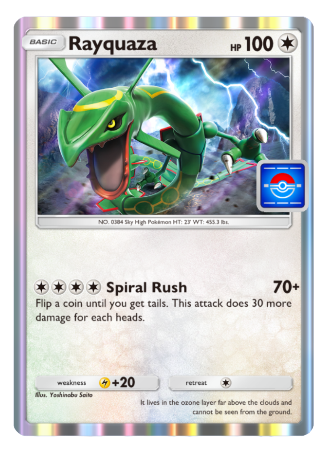 An image of Rayquaza in Pokemon TCG Pocket. It has 100 HP and a retreat cost of one. t can use the move spiral rush. An image of Rayquaza in Pokemon TCG Pocket. It has 100 HP and a retreat cost of one. t can use the move spiral rush.