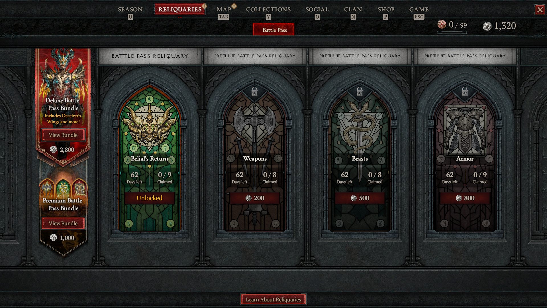 A shot of the Reliquary categories in season 8 of Diablo 4 A shot of the Reliquary categories in season 8 of Diablo 4