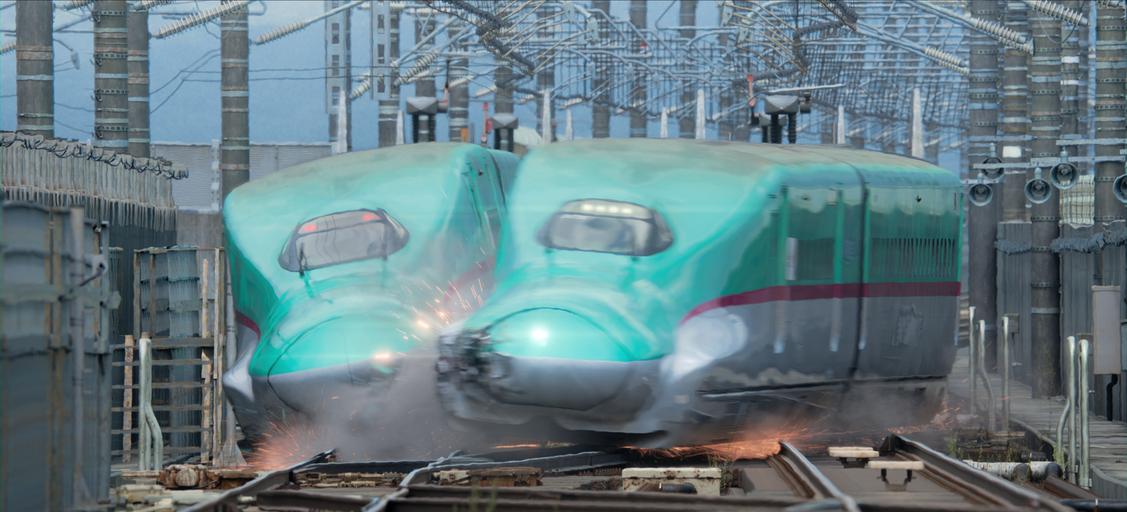 Two teal colored trains crashing into one another in Bullet Train Explosion. Two teal colored trains crashing into one another in Bullet Train Explosion.