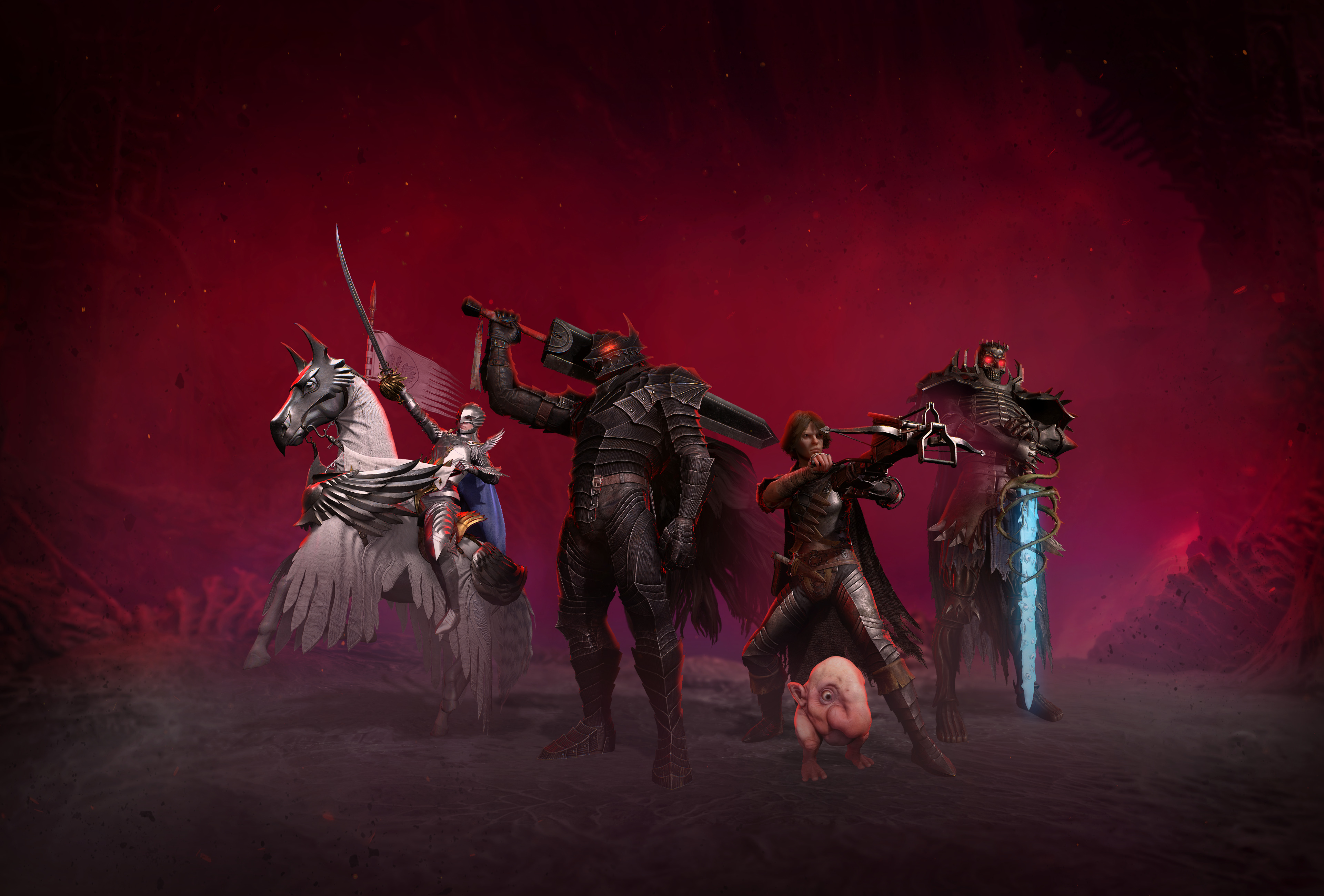 Four character from Diablo 4 wearing costume sets inspired by Berserk. Four character from Diablo 4 wearing costume sets inspired by Berserk.