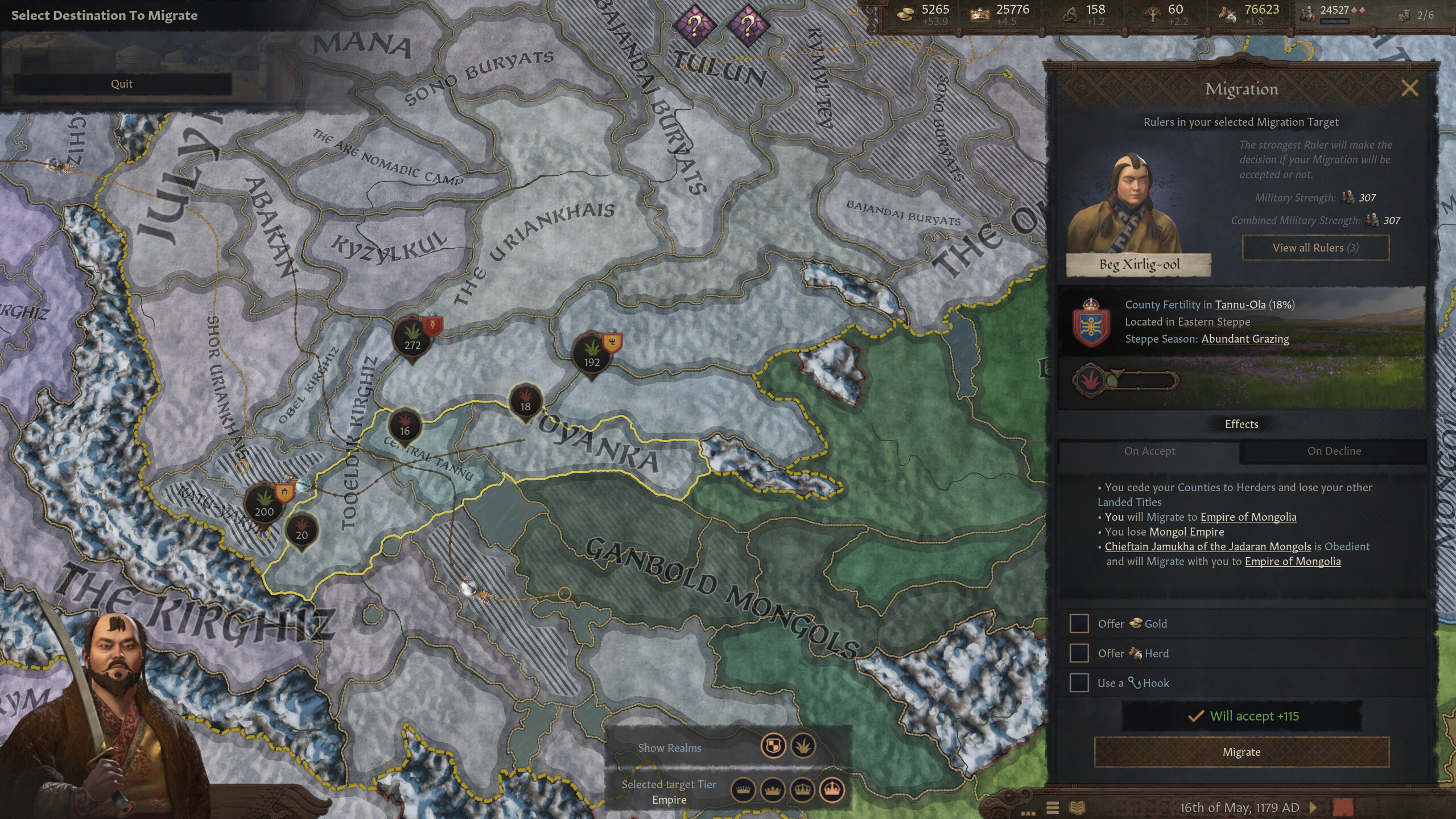 A Crusader Kings 3 screenshot, showing the migration management screen.