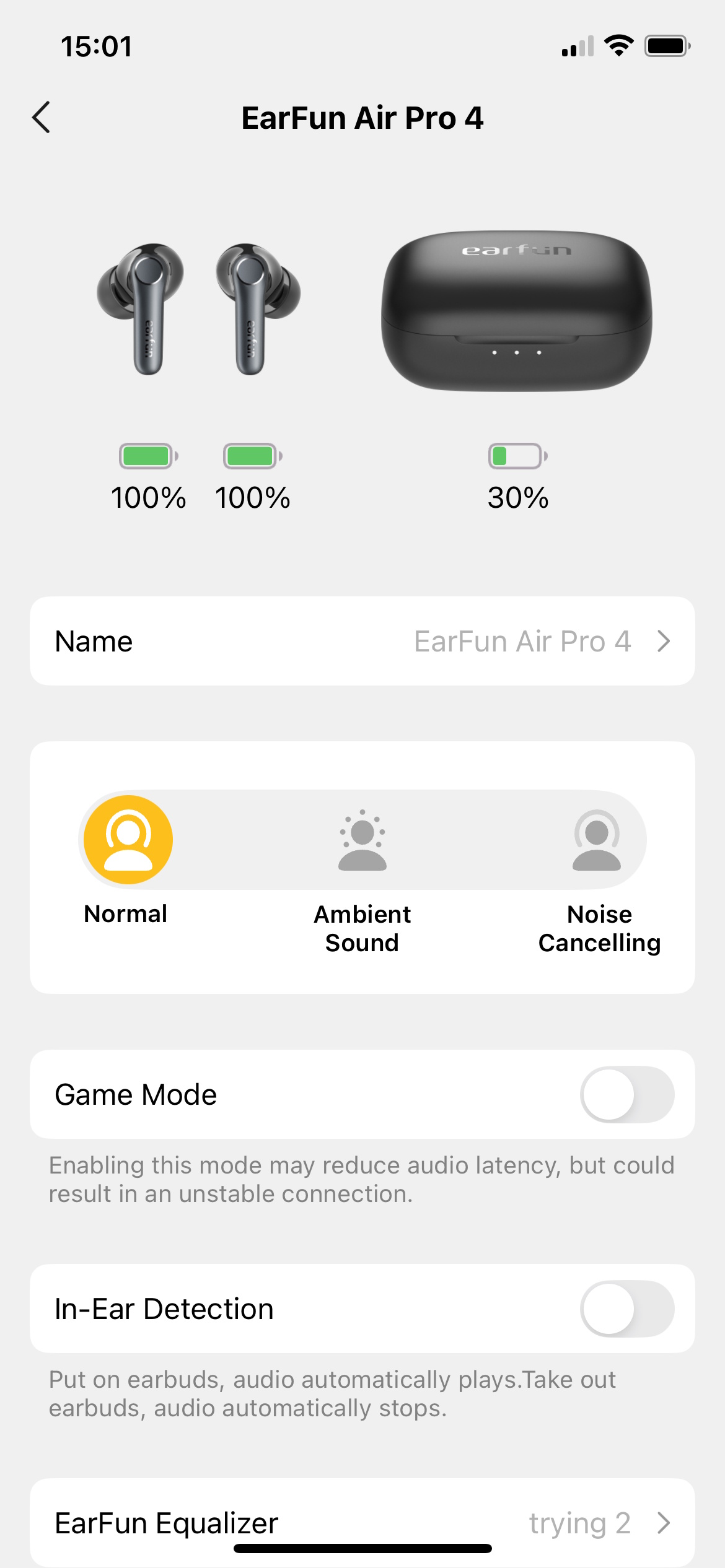 EarFun app screenshot for Air Pro 4 earphones