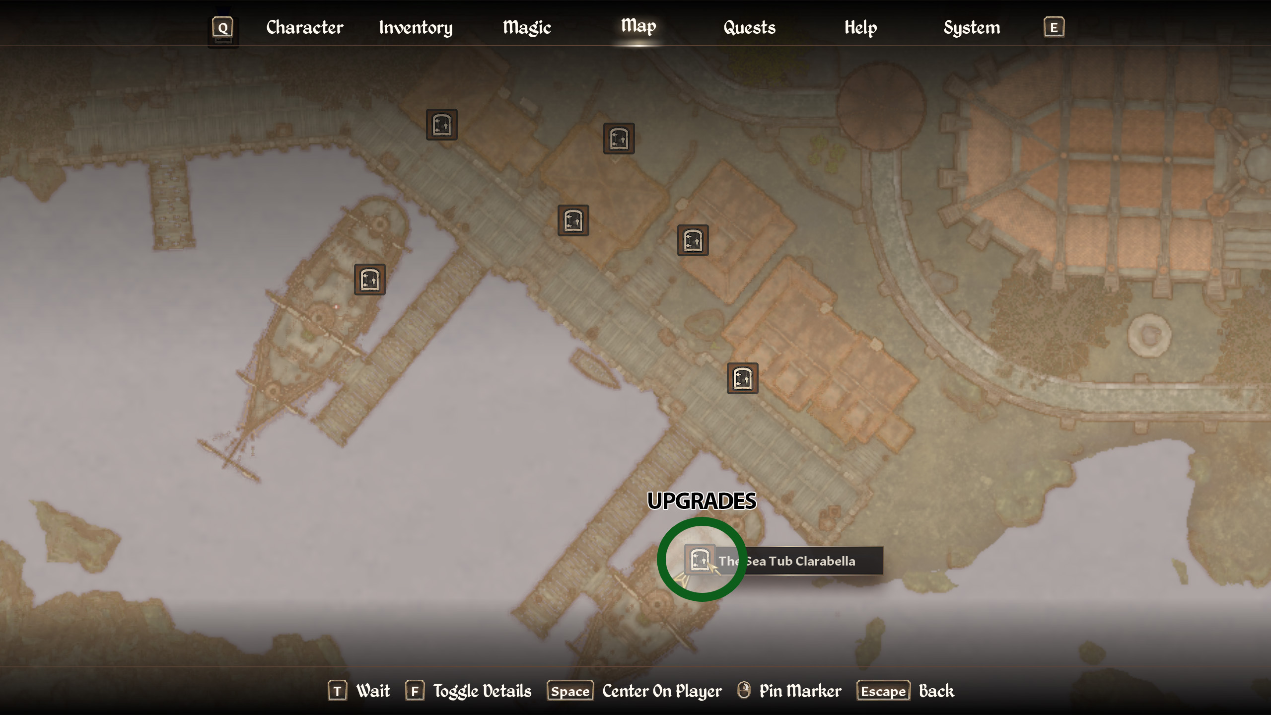 A map of the Imperial City dock in Oblivion Remastered, this highlights where you can find the Sea Tub Clarabella.