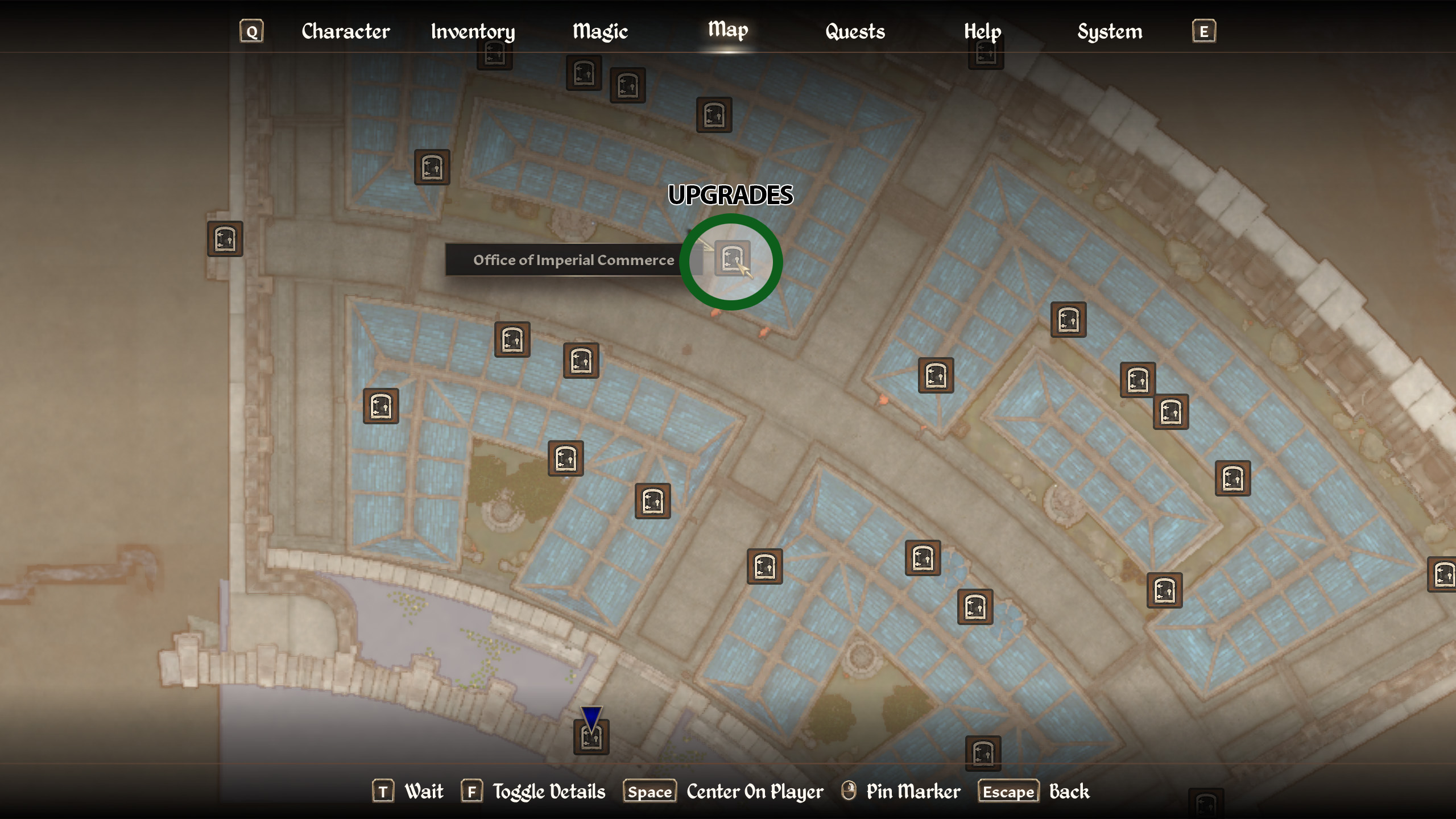 A map of the Imperial City in Oblivion Remastered with Vinicia Melissaeia's location in the Market District highlighted.