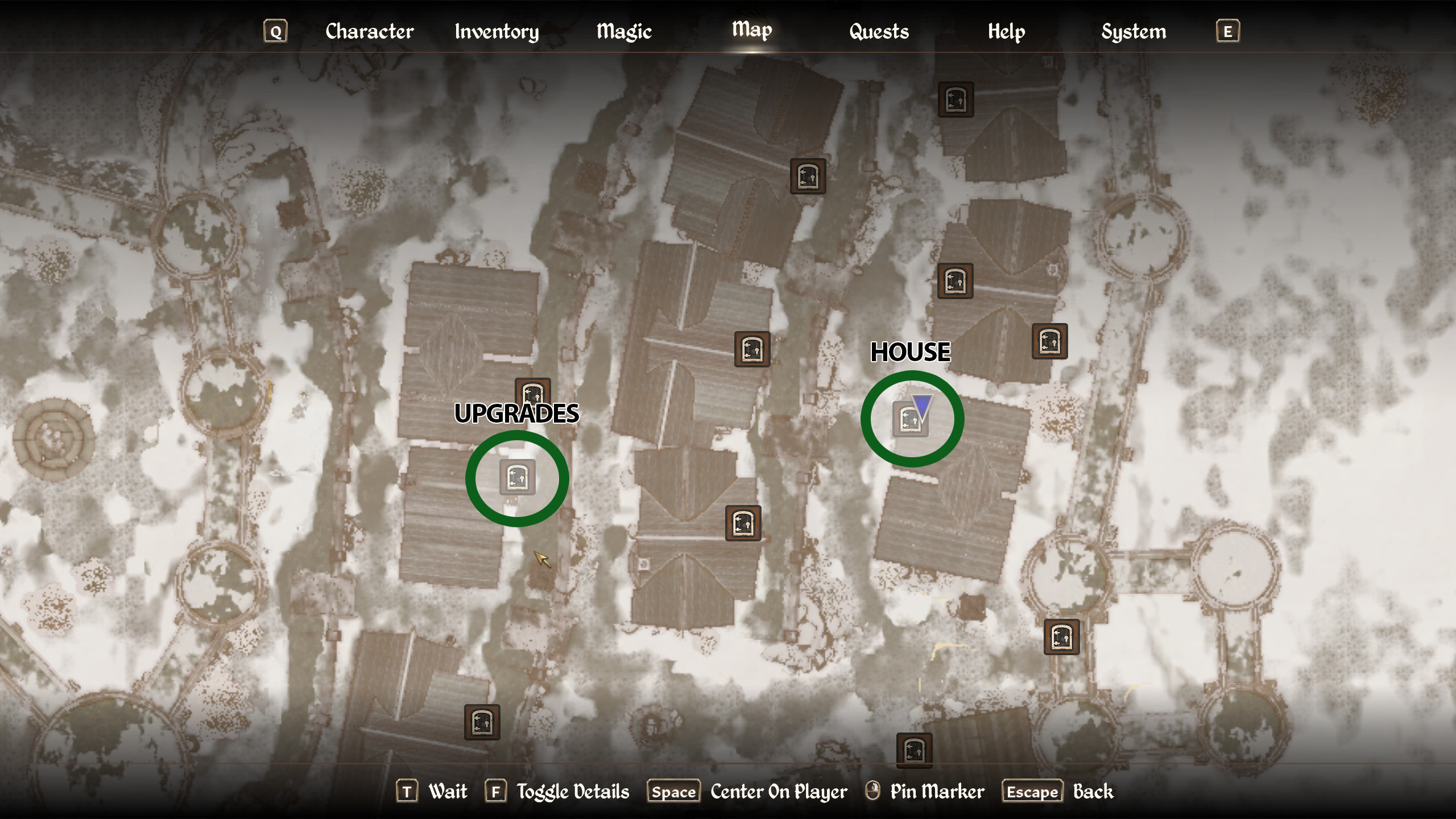 An Oblivion Remastered map of Bruma, highlighting where to buy the house in Bruma (east side) and where you can get upgrades (west).