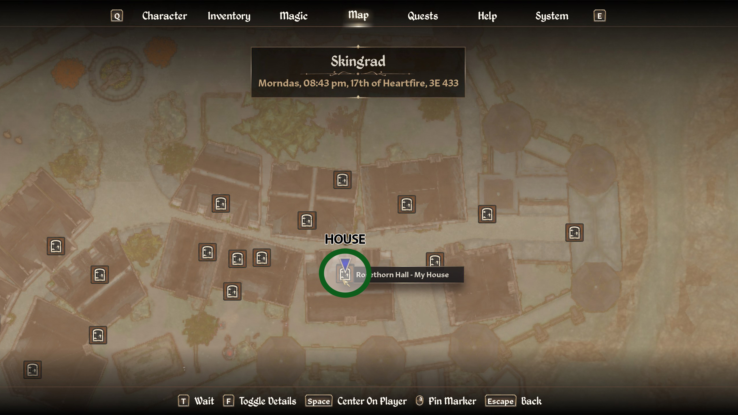 A map of Skingrad in Oblivion Remastered showing where Rosethorn Hall is located.