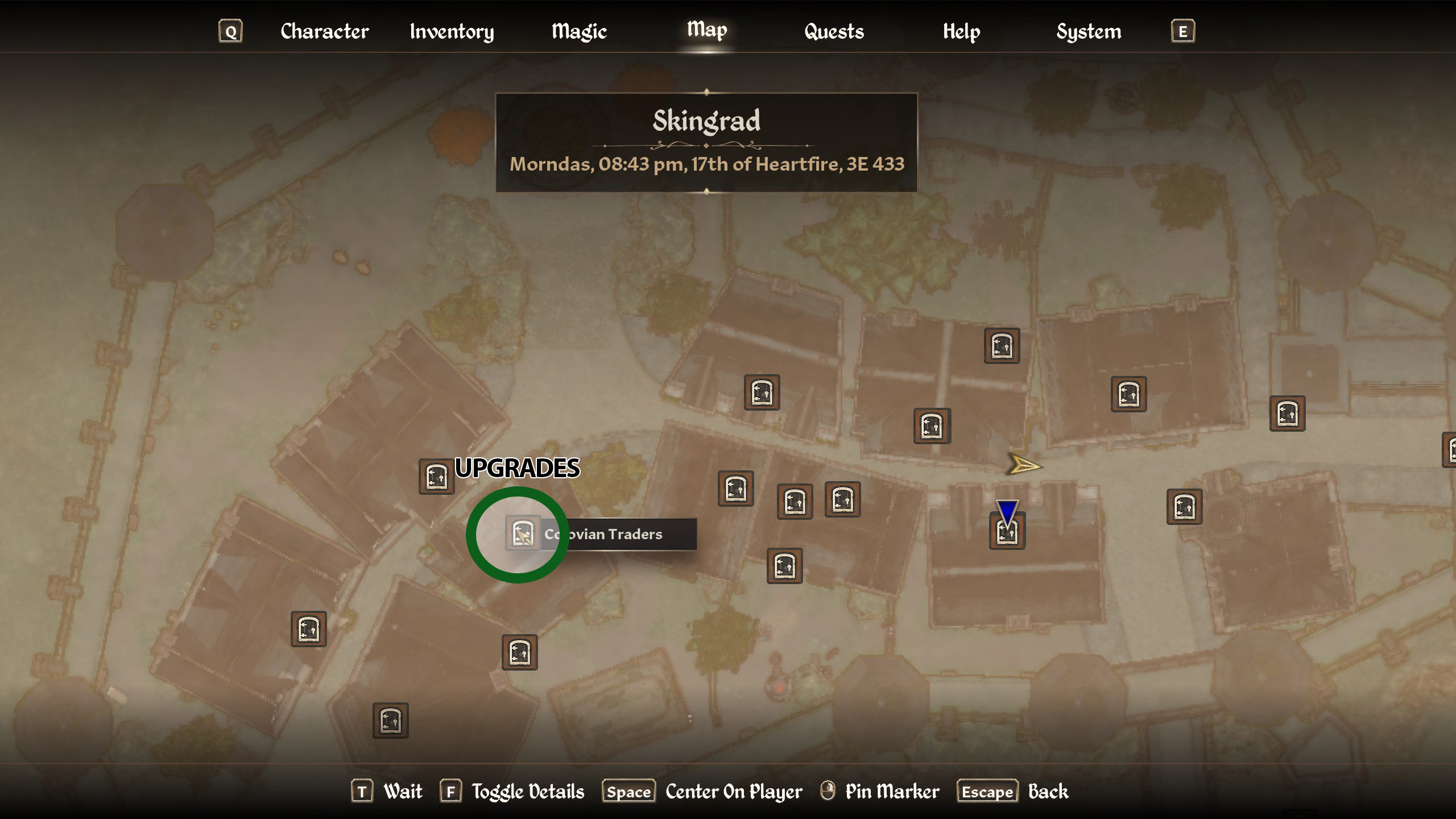 A map of Skingrad in Oblivion Remastered showing where to upgrade Rosethorn Hall.