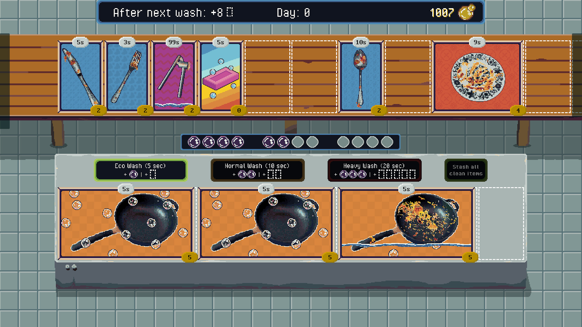 A screenshot from the digital card game Dishventory, showing some dish-washing themed cards