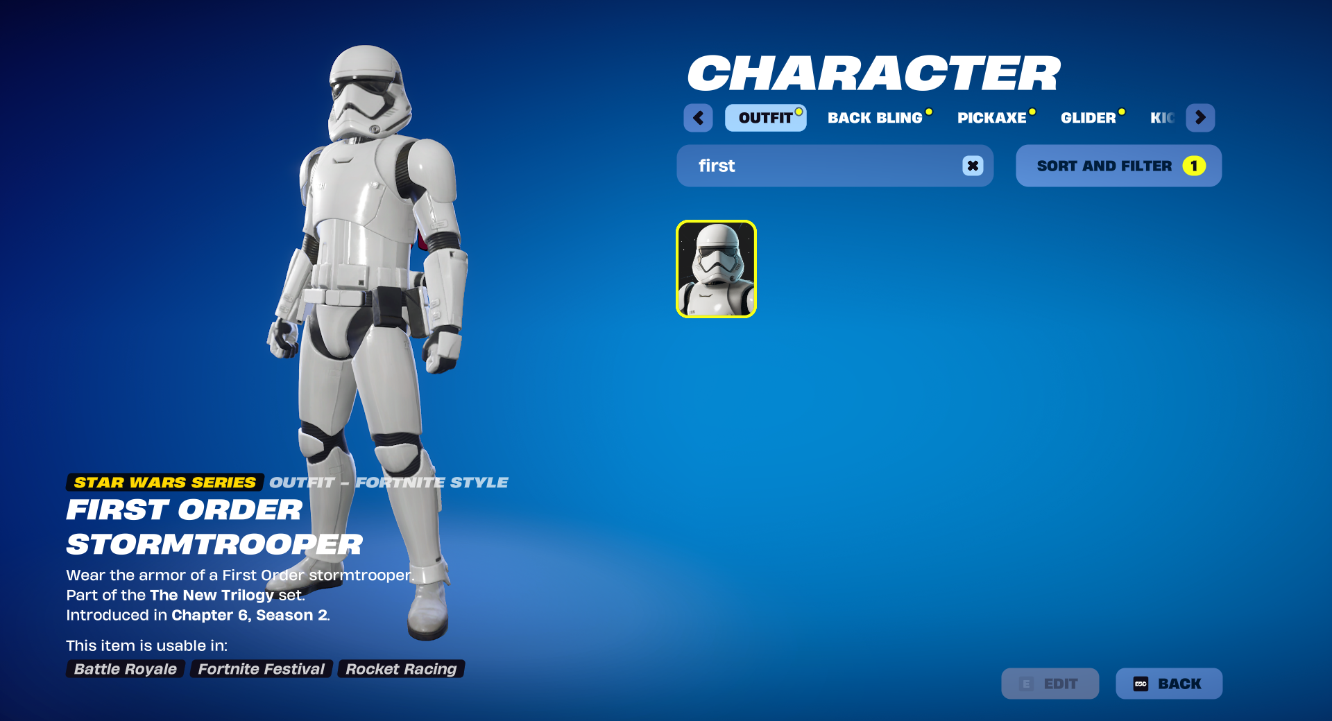 An image of the First Order Stormtrooper outfit in Fortnite. It is an outfit in the locker menu. An image of the First Order Stormtrooper outfit in Fortnite. It is an outfit in the locker menu.