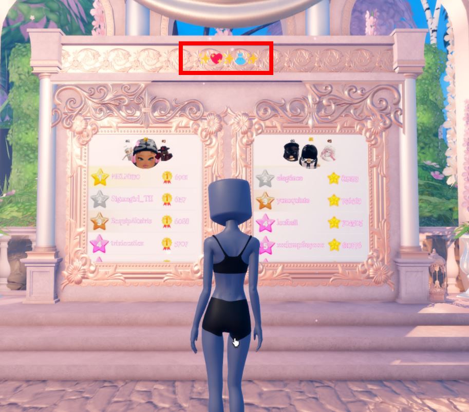 An image showing a leaderboard with five emojis on it in Dress to Impress. It shows sparkle emoji, heart emoji, sparkle emoji, blue dress emoji, and sparkle emoji.