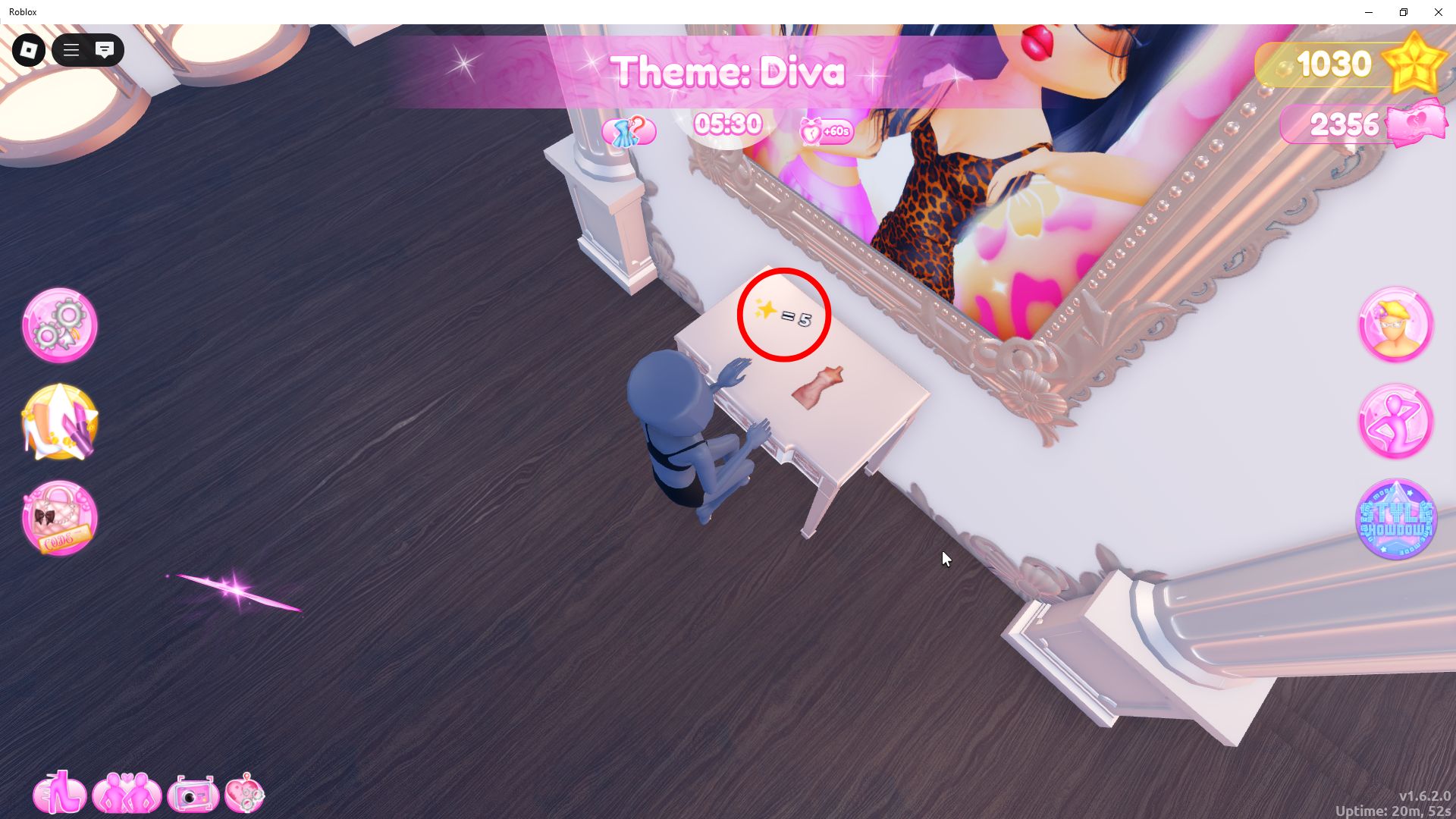 An image showing a hidden sparkle emoji with the number five next to it. It’s on a table in Dress to Impress. 