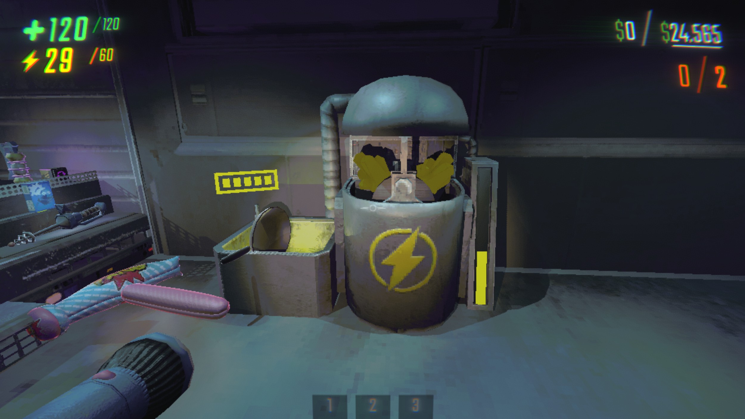 The Fry Pan weapon in REPO after it has been recharged. Inside the truck's charging station, there are a couple of crystals attached and waiting for use.