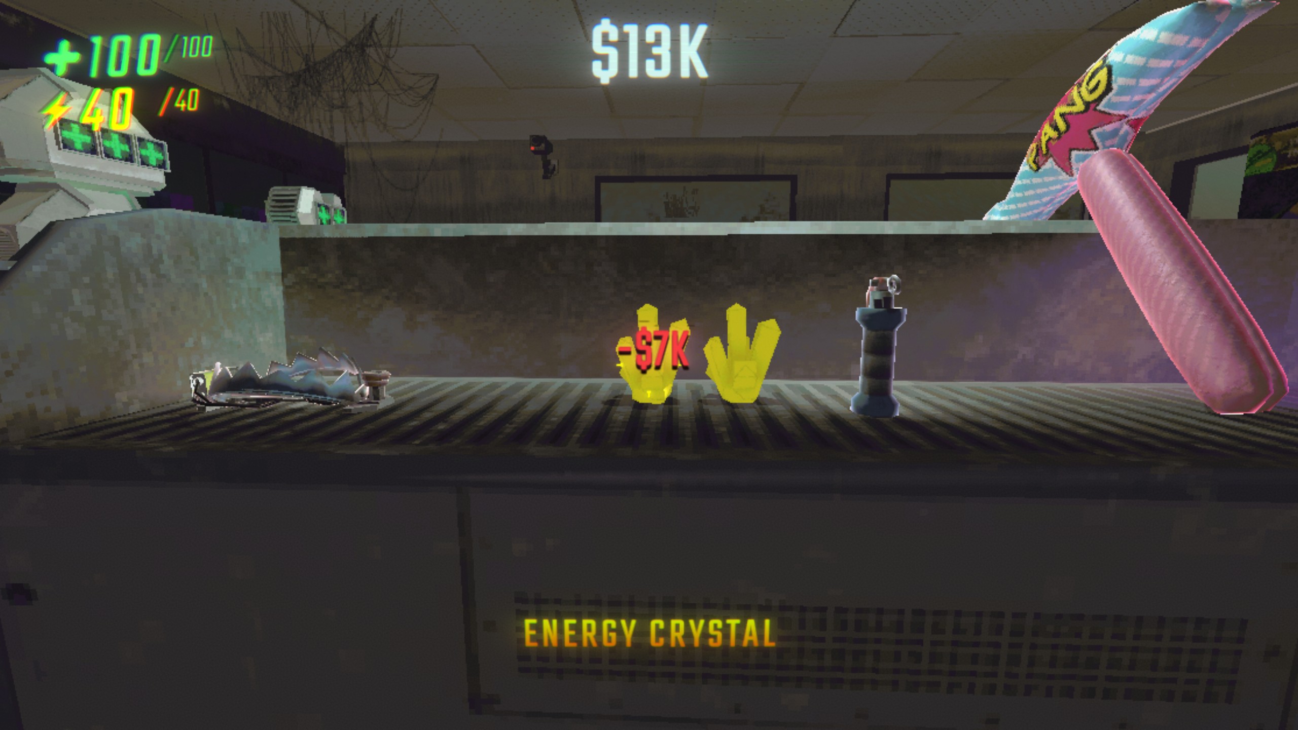 Two Energy Crystals available $7,000 in the REPO Service Station. They're sitting side by side next to other items, like a Trap and Inflatable Hammer.