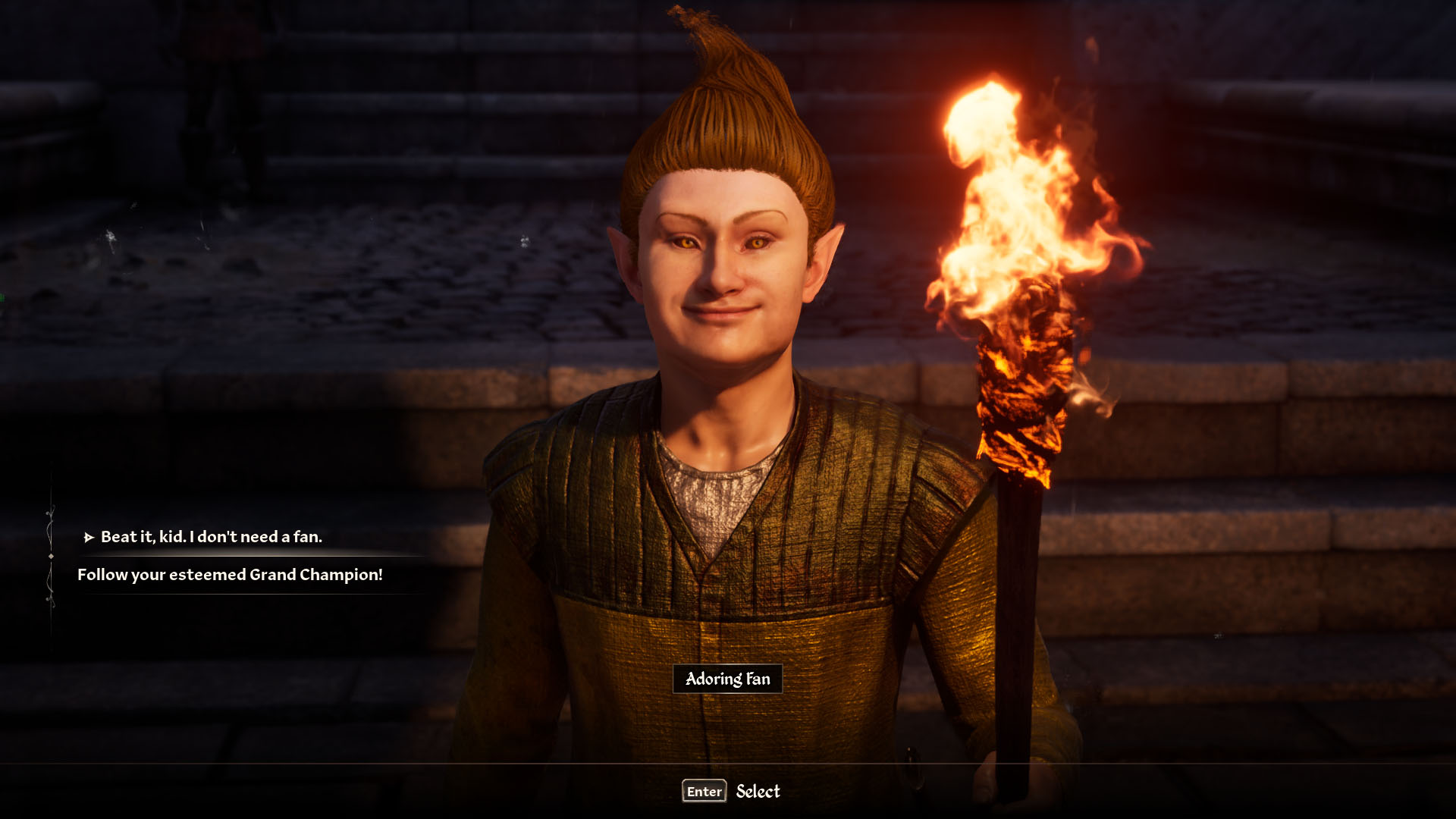 Adoring Fan holds a torch in Oblivion Remastered Adoring Fan holds a torch in Oblivion Remastered