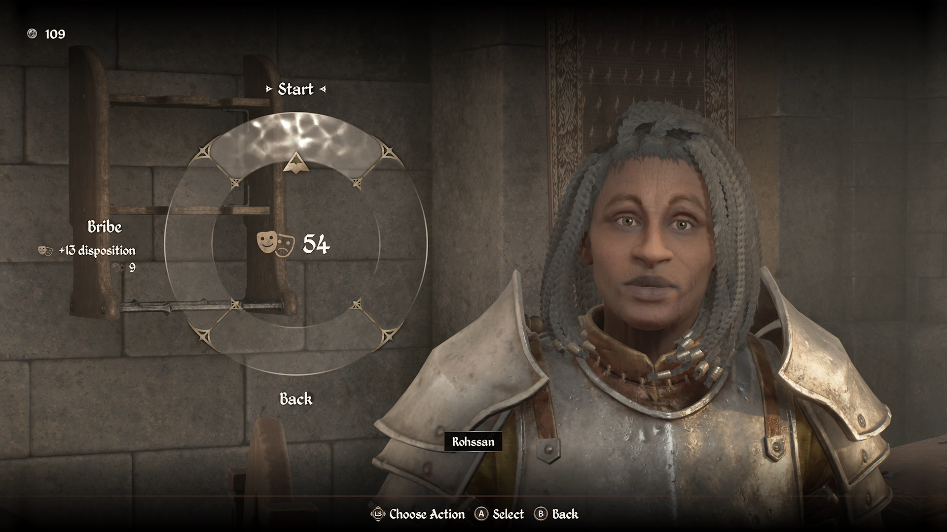 An image of the persuasion menu for Rohssan in Oblivion Remastered. There is an option to “start” or “bribe” her.