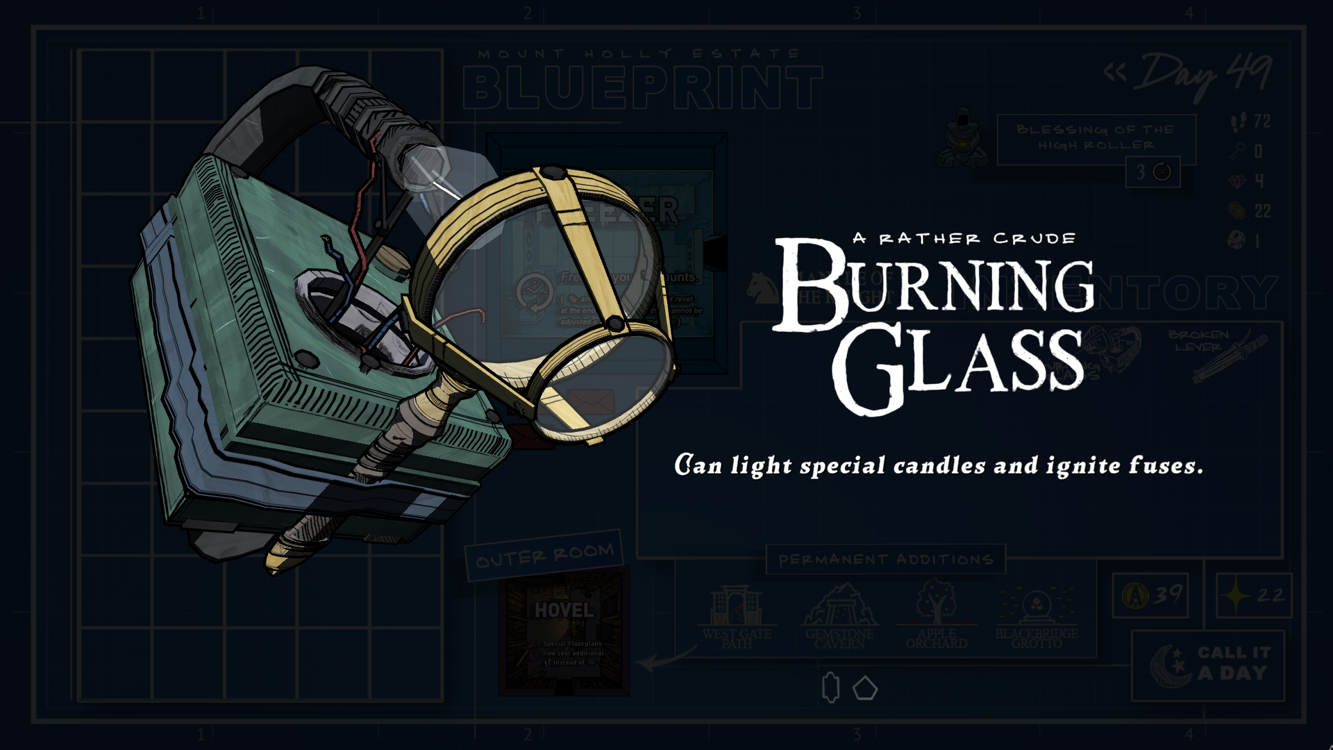 A player examines a burning glass items in Blue Prince A player examines a burning glass items in Blue Prince