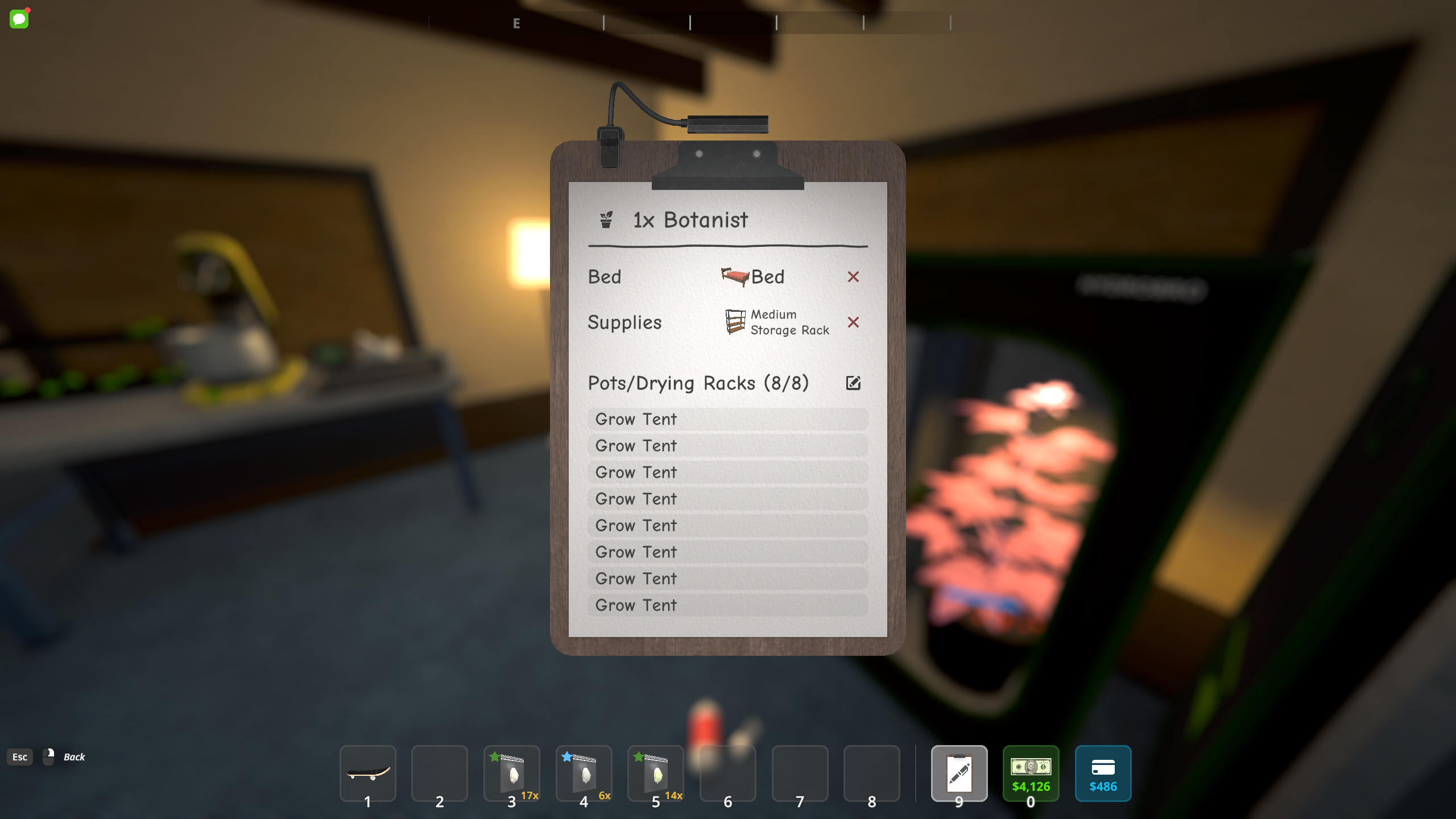 Schedule 1 management clipboard - Inspecting a botanist using the clipboard, showing their bed, supplies, and assigned pots.