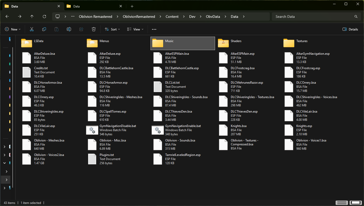The file directory for Oblivion Remastered, showing a lot of .esp, .esm, and .bsa files.
