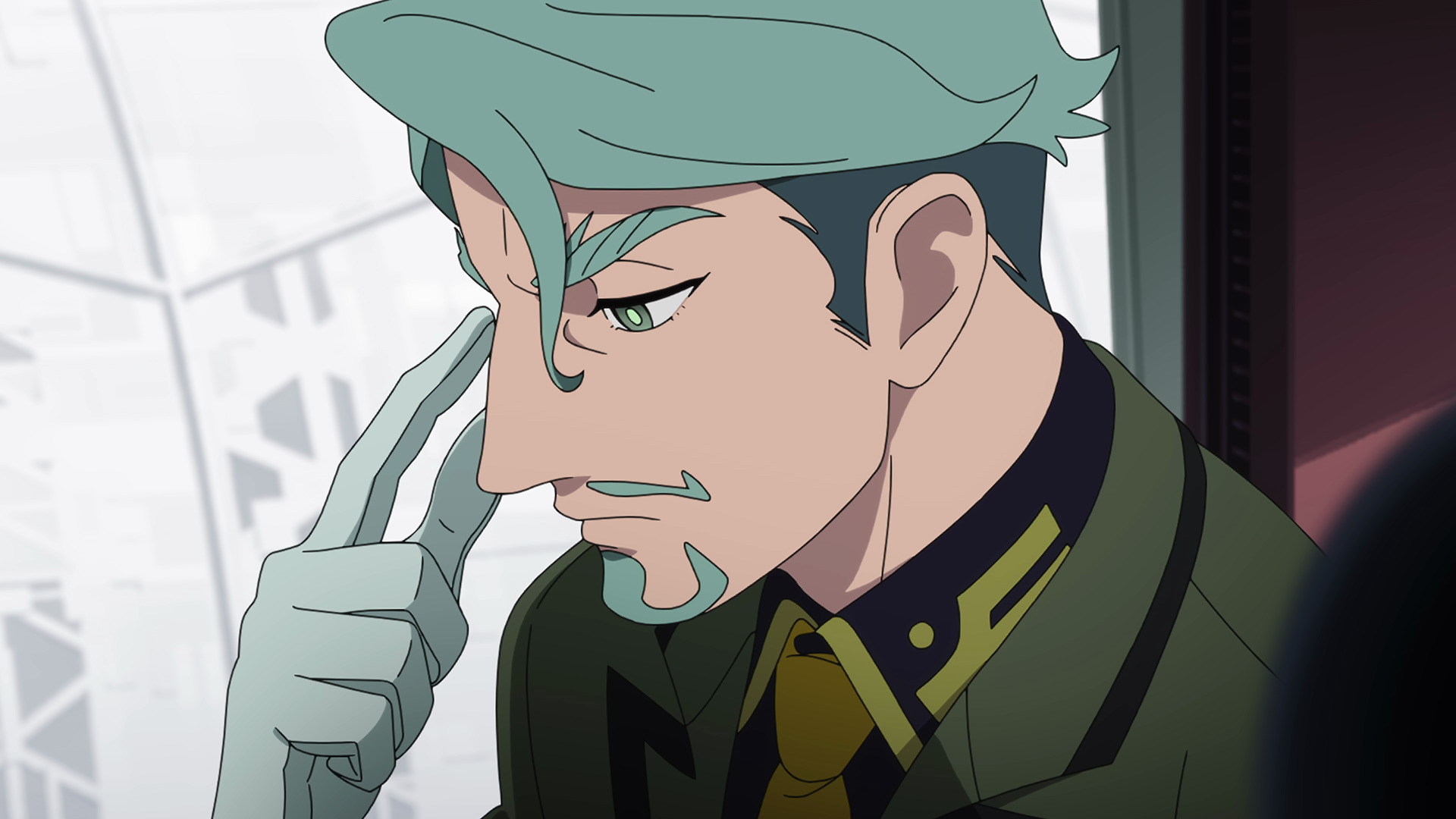 A close-up of an anime man with a grey moustache, goatee, and head of hair stroking the side of his face in Mobile Suit Gundam GQuuuuuuX A close-up of an anime man with a grey moustache, goatee, and head of hair stroking the side of his face in Mobile Suit Gundam GQuuuuuuX