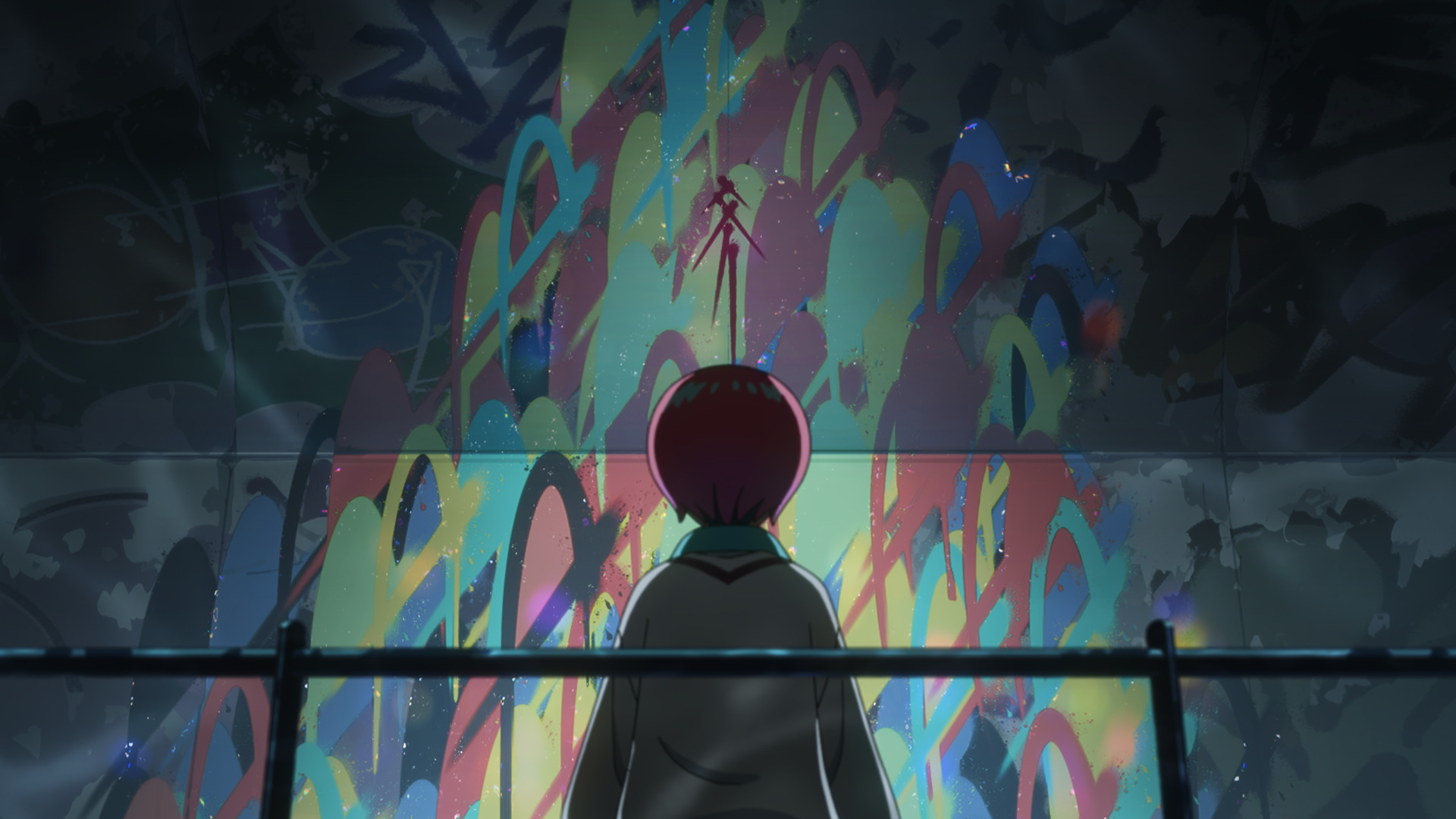 A girl standing in front of a colorful graffiti mosaic in Mobile Suit Gundam GQuuuuuuX. A girl standing in front of a colorful graffiti mosaic in Mobile Suit Gundam GQuuuuuuX.