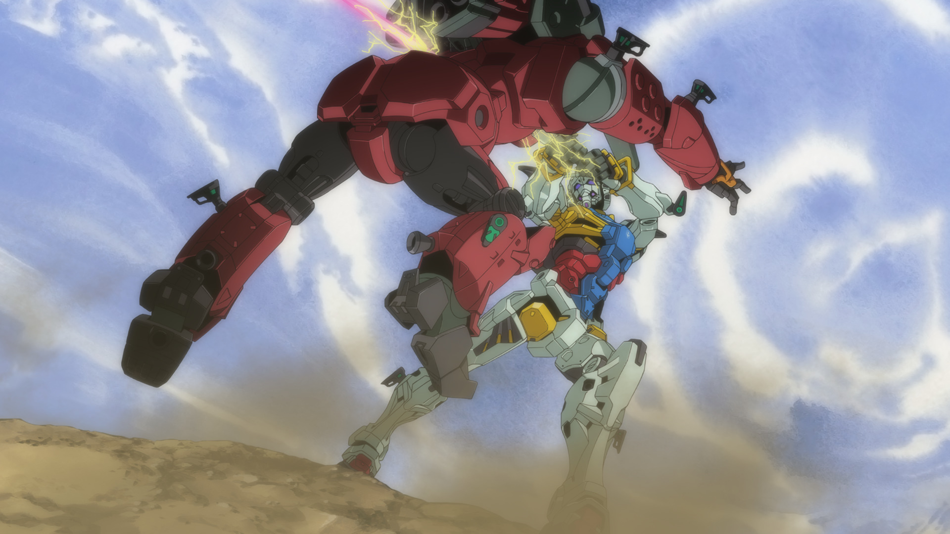 A white and blue robot stabbing a red robot in the abdomen as they leap in mid-air in Mobile Suit Gundam GQuuuuuuX. A white and blue robot stabbing a red robot in the abdomen as they leap in mid-air in Mobile Suit Gundam GQuuuuuuX.
