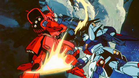 A screenshot from 1988’s Mobile Suit Gundam: Char’s Counterattack featuring a red Gundam and a White gundam, piloted by Char Aznable and Amuro Ray, battling in space.