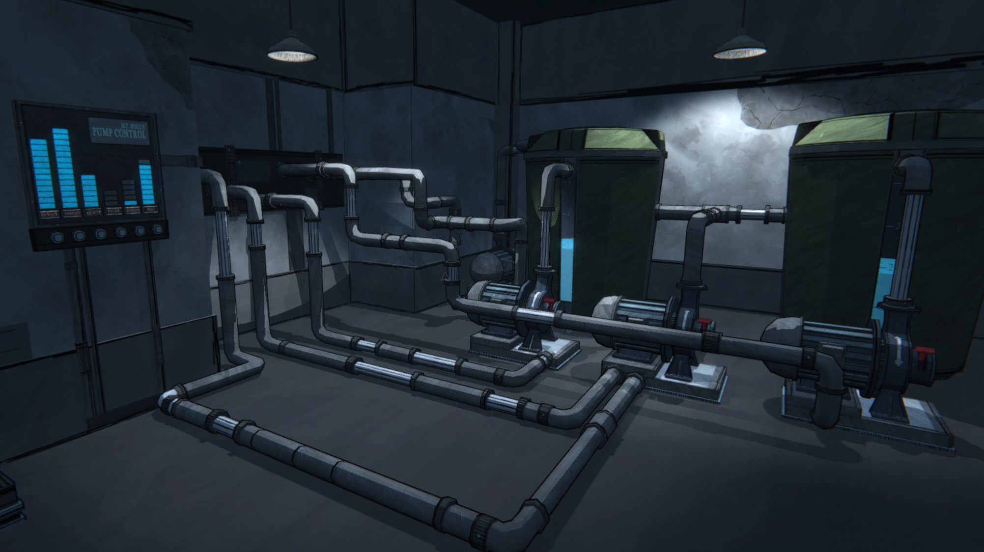 A pump room puzzle with pipes and water