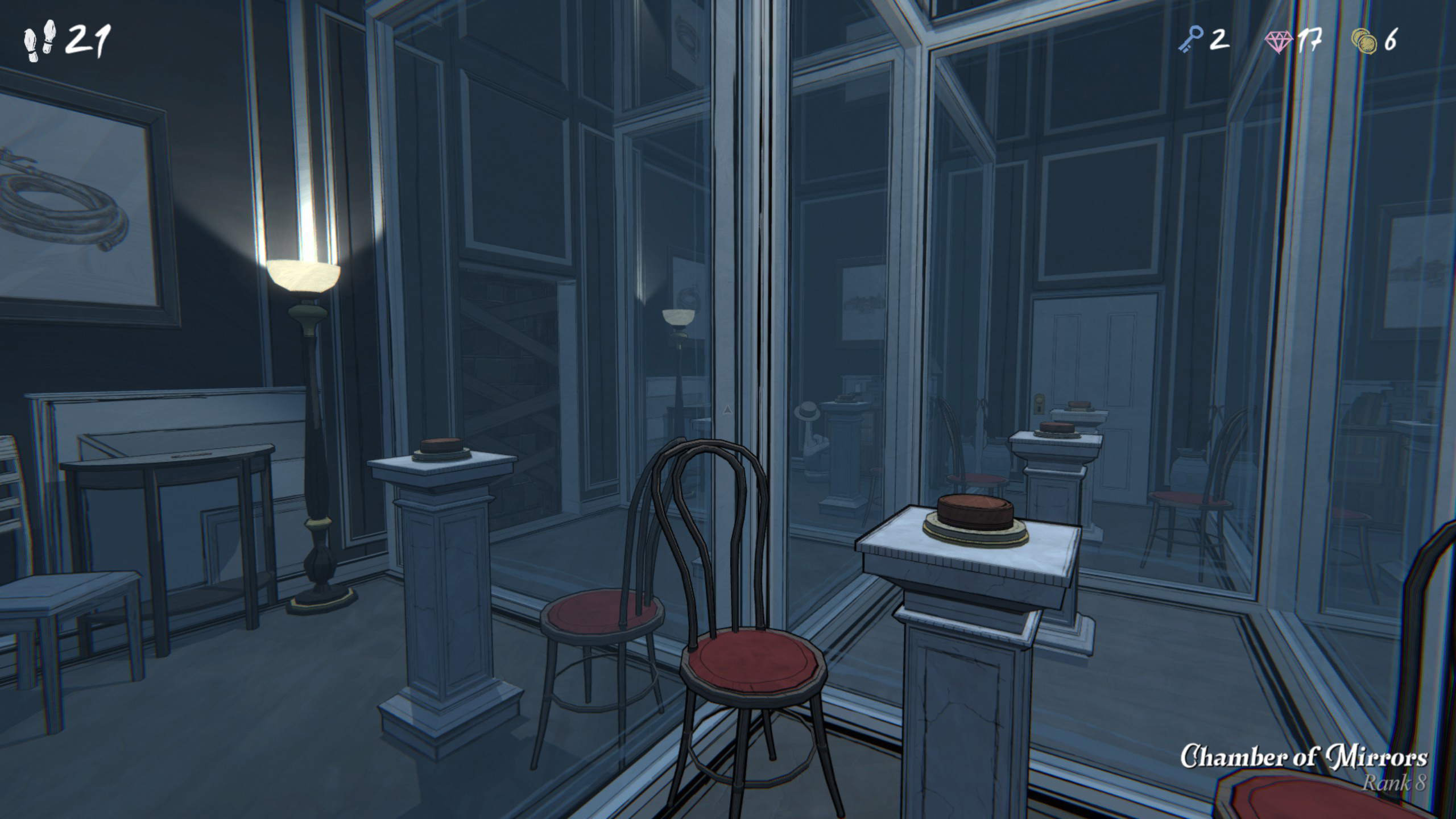 A room with a button and mirrors