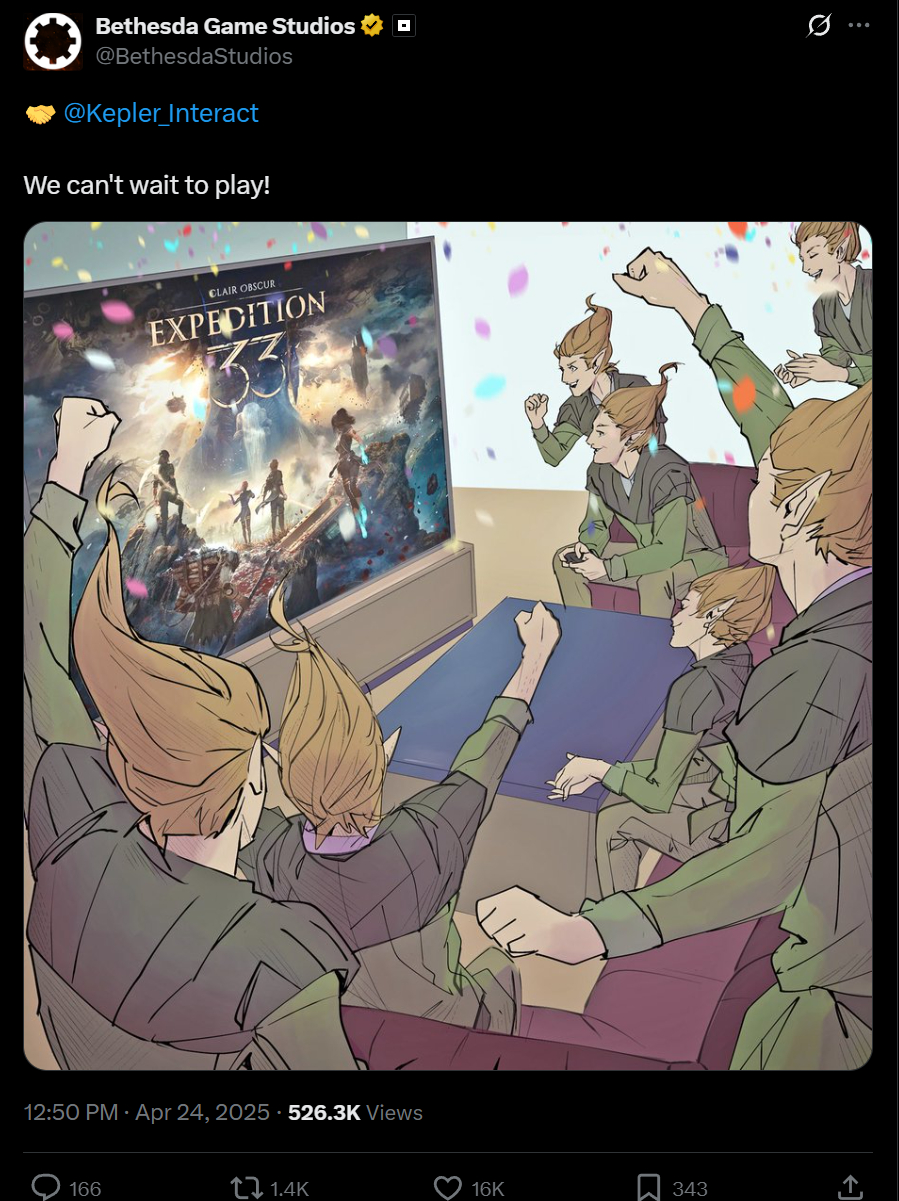 An illustration of multiple of Oblivion's Adoring Fan rallying around a television displaying key art for Clair Obscur: Expedition 33.
