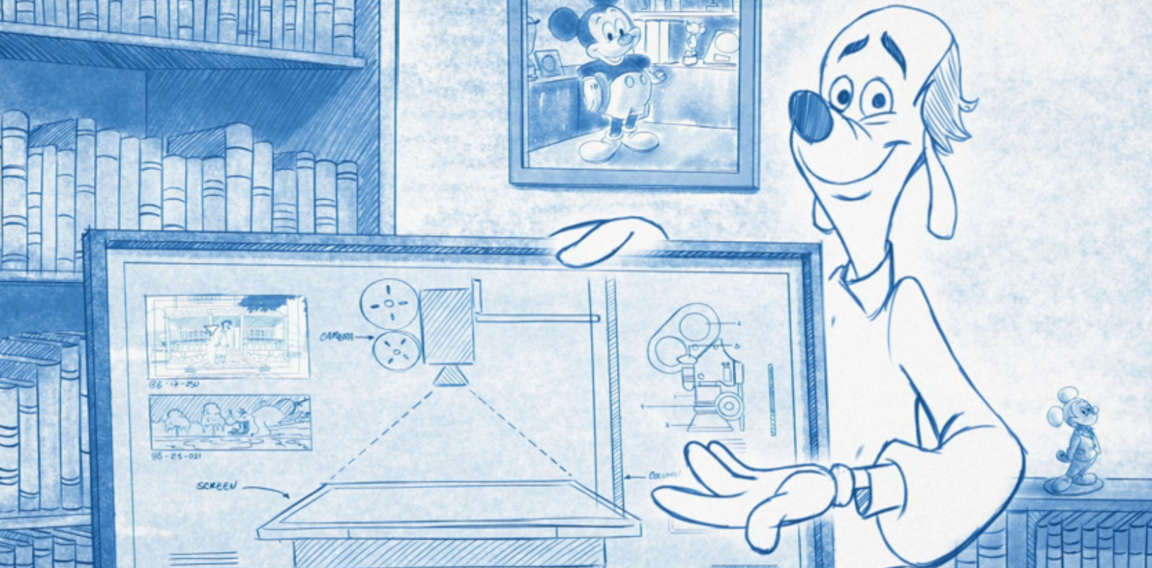 A man styled to look like a Goofy character shows off a contraption of a film camera filming a monitor. This is all drawn in blue pencil. From the documentary Not Just a Goof