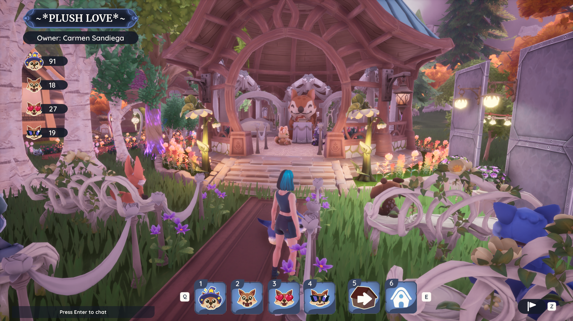 A plushie wedding built in Palia by uder Carmen Sandiega. A giant squirrel plushie sits in a gazebo to preside over the ceremony, attended by rows of plushies sat in white chairs. A plushie wedding built in Palia by uder Carmen Sandiega. A giant squirrel plushie sits in a gazebo to preside over the ceremony, attended by rows of plushies sat in white chairs.