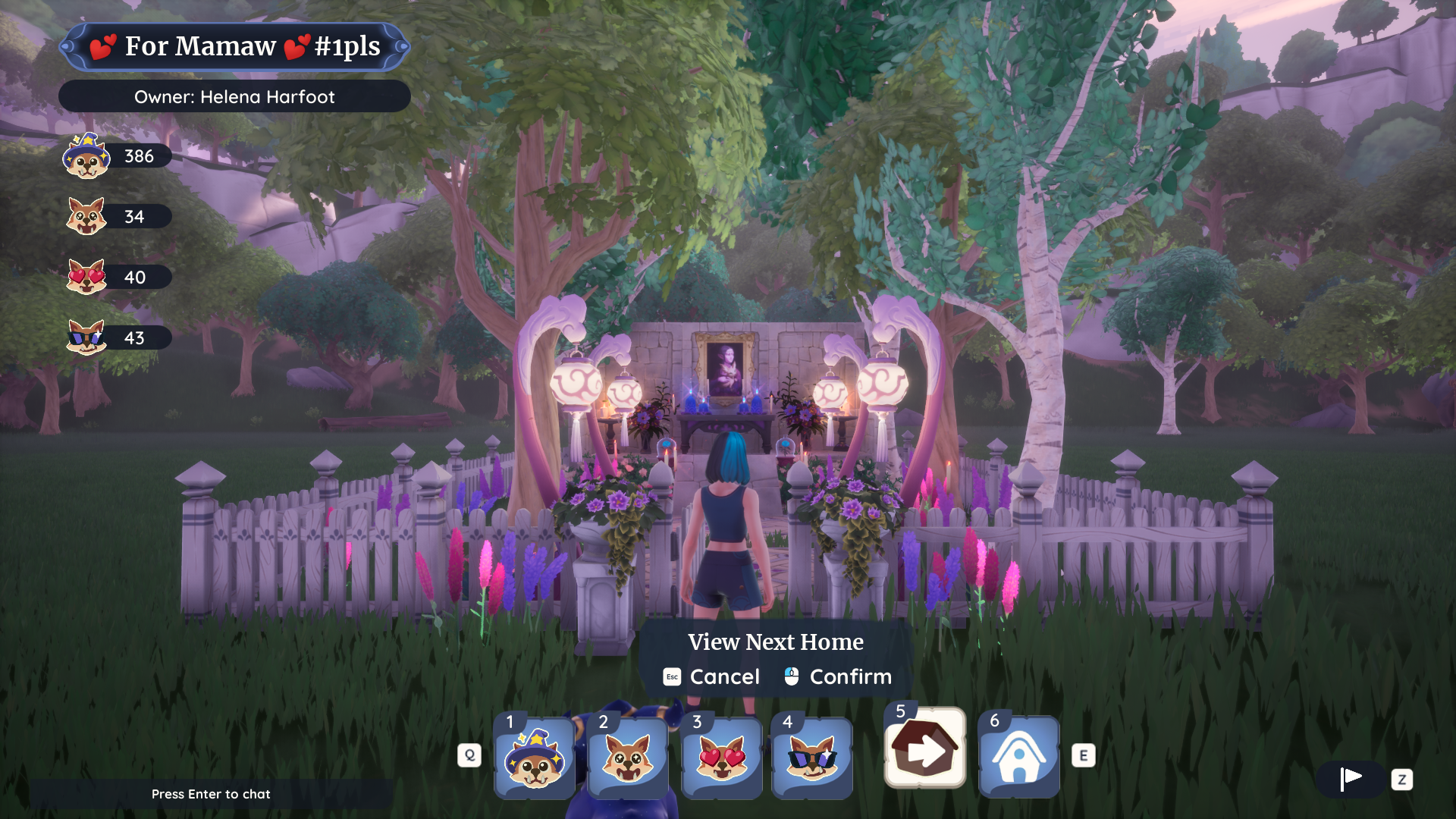 A resting place built in Palia, using trees, lanterns, and building blocks to create a memorial that has been titled “For Mamaw” by the suer Helena Harfoot. A resting place built in Palia, using trees, lanterns, and building blocks to create a memorial that has been titled “For Mamaw” by the suer Helena Harfoot.