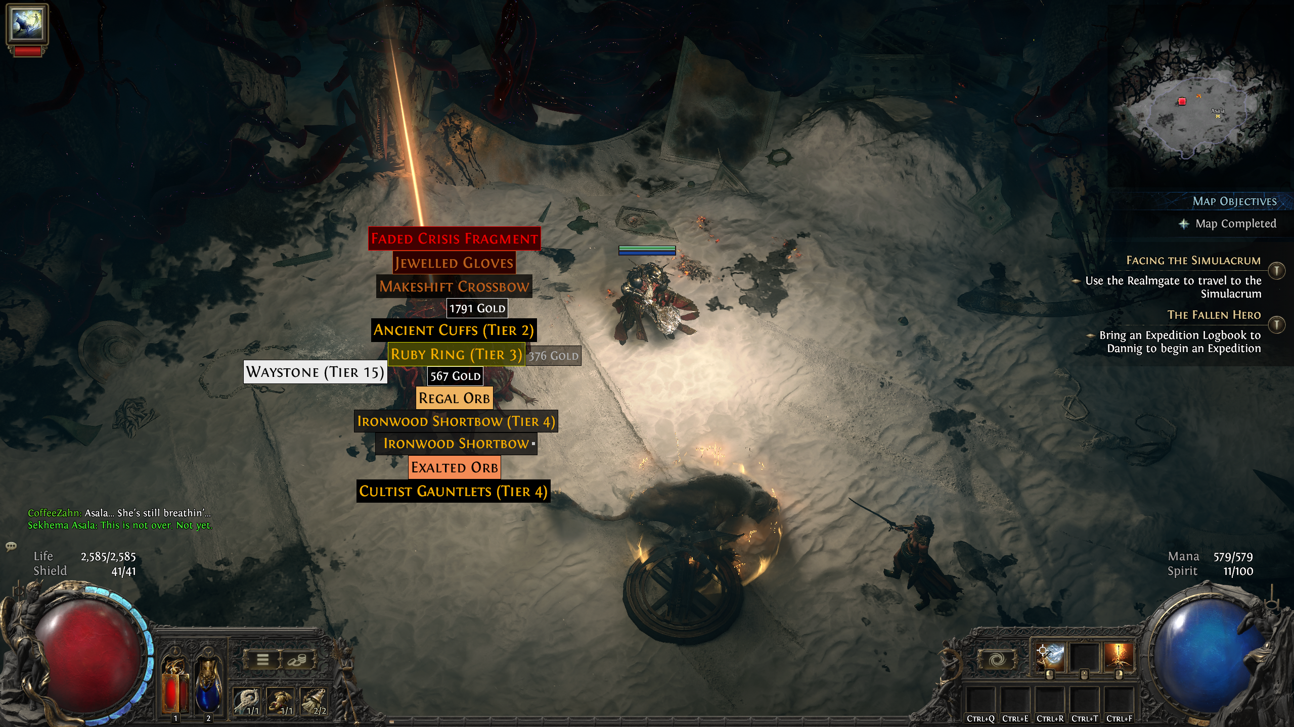 PoE2 Dawn of the Hunt endgame - A pile of loot, including a crisis fragment.