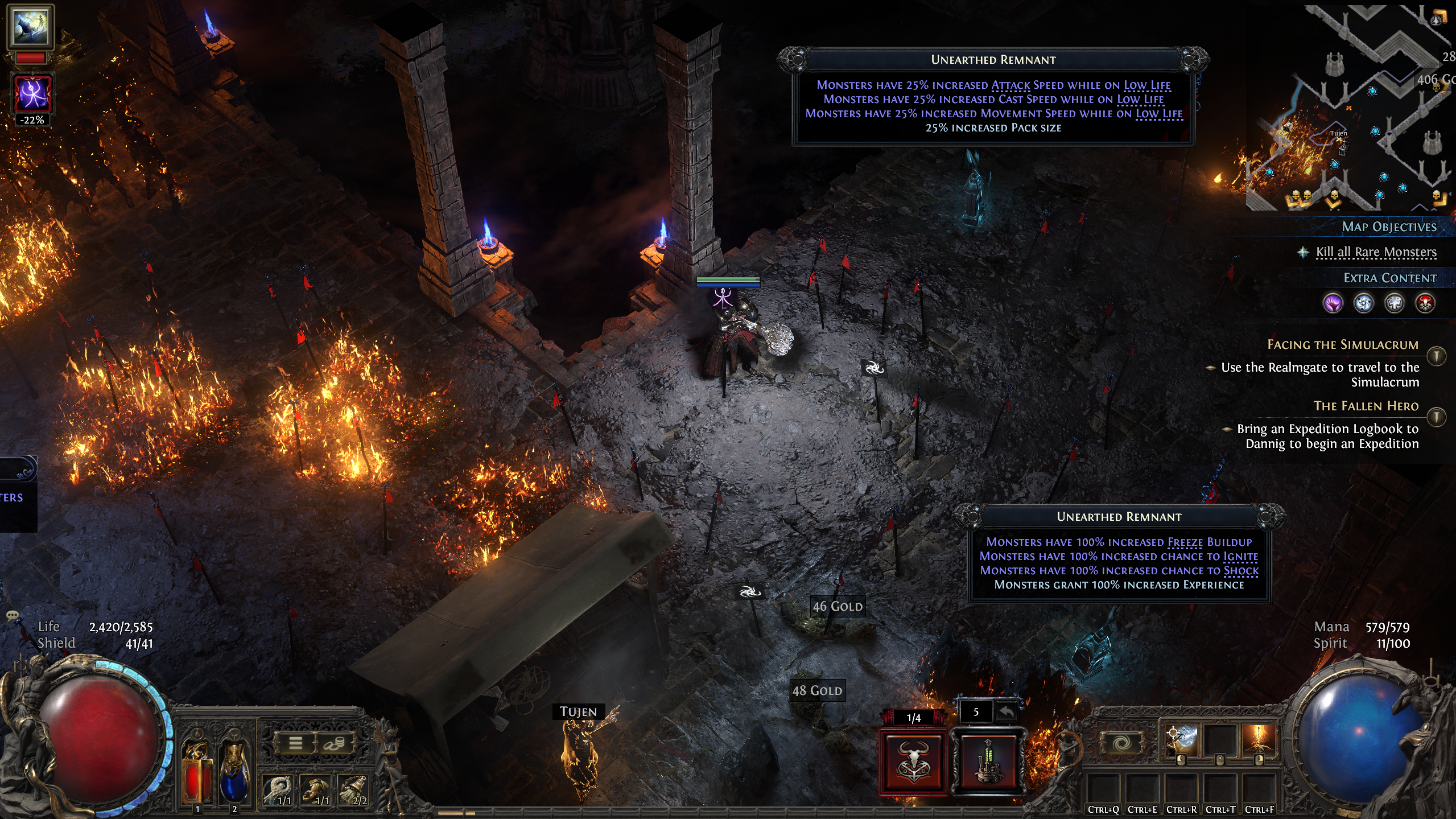 PoE2 Dawn of the Hunt endgame - Gameplay of the Expedition mode, with fire raging.