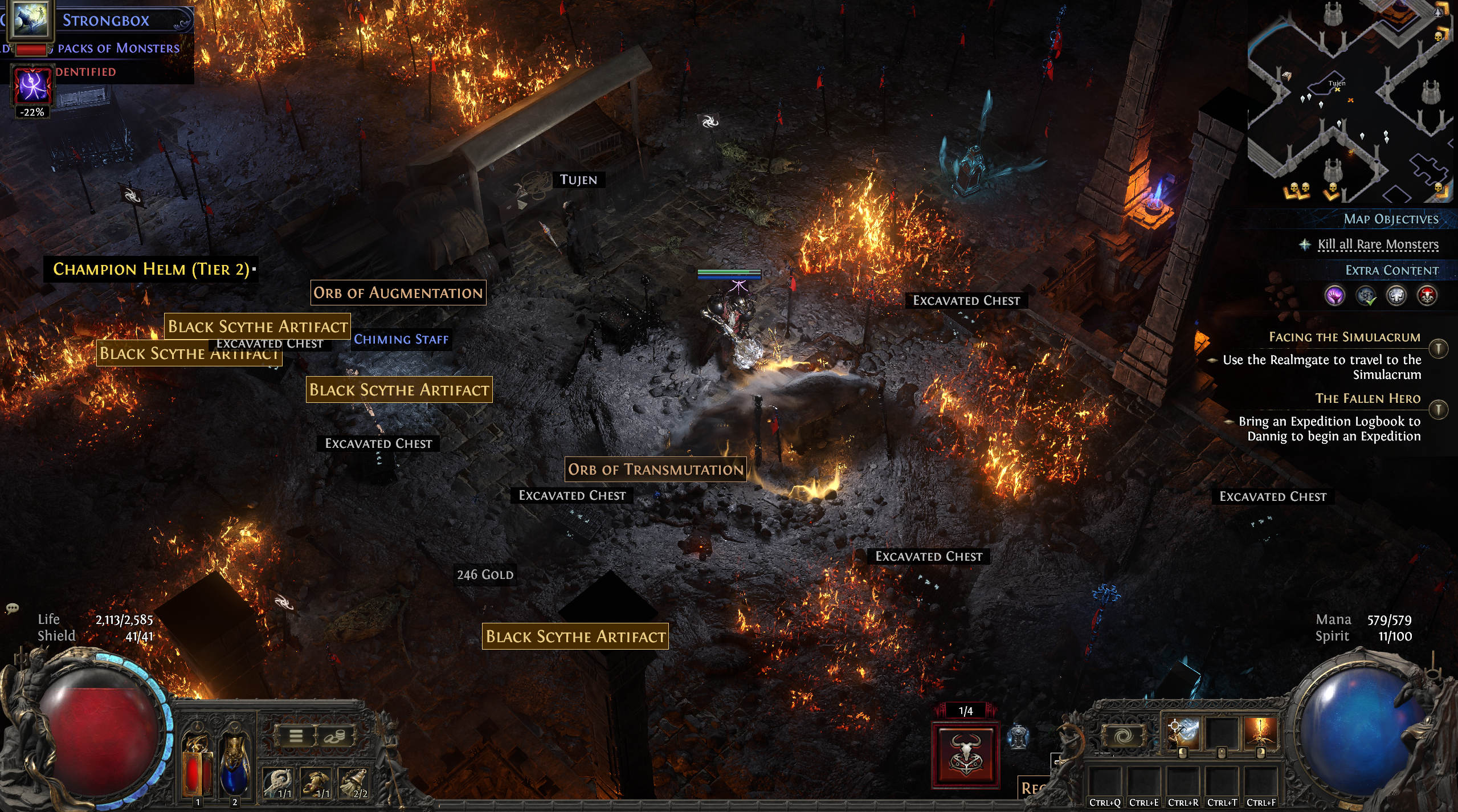 PoE2 Dawn of the Hunt endgame - An excavated chest and various other loot on the ground.