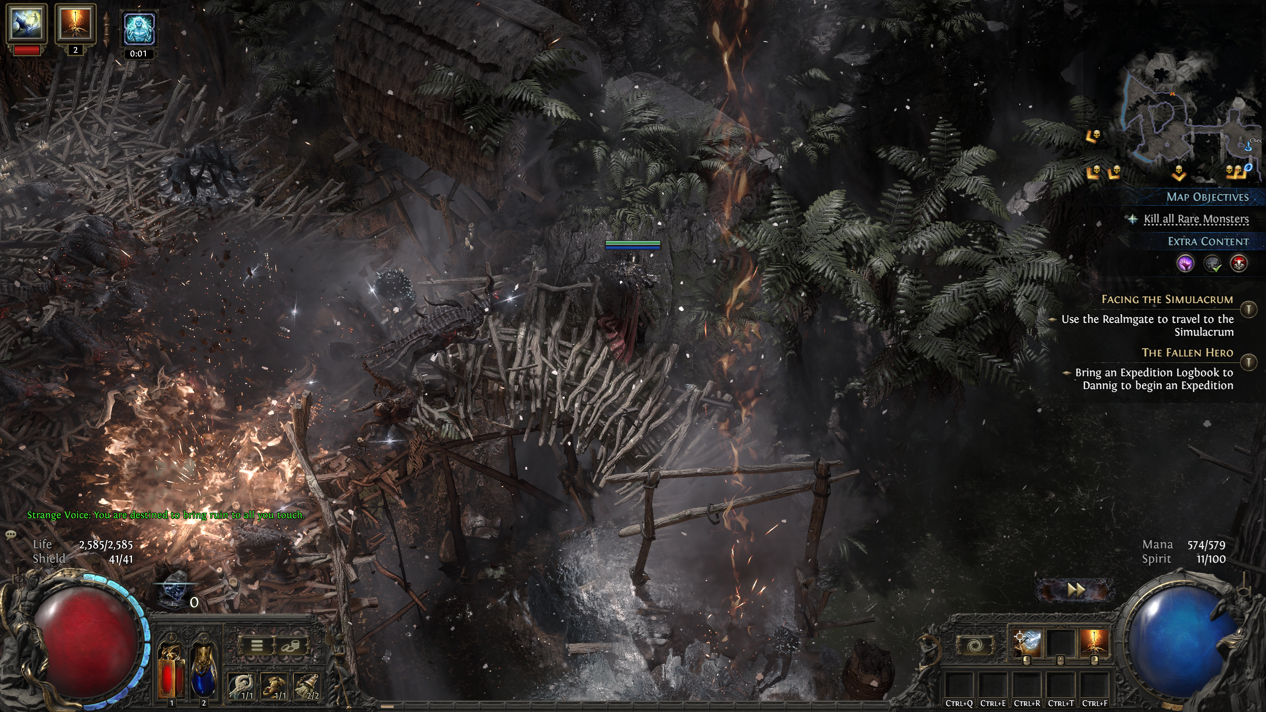 PoE2 Dawn of the Hunt endgame - Gameplay of the Delirium mode, with fire burning the wooden structures nearby.