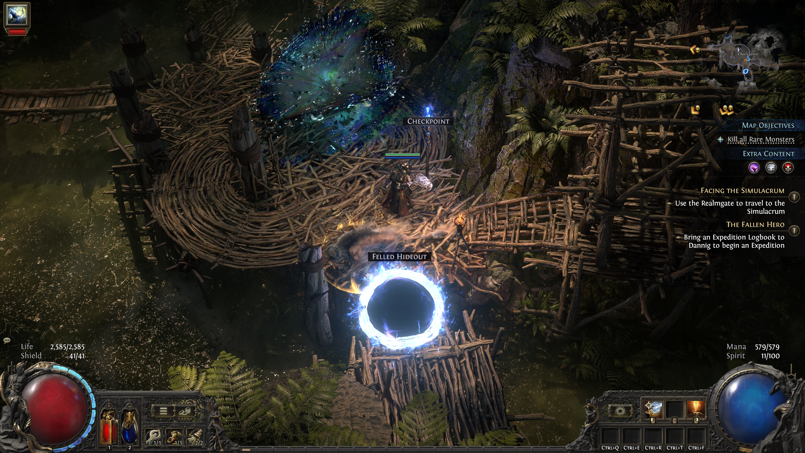 PoE2 Dawn of the Hunt endgame - A Delirium Mirror on a wooden walkway.